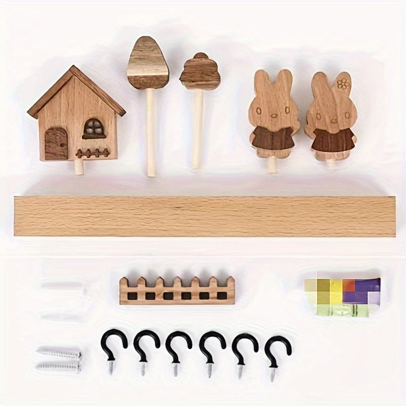 1pcs solid wood rabbit hook, solid wood key hook shelving, hanging key storage coat and hat hook