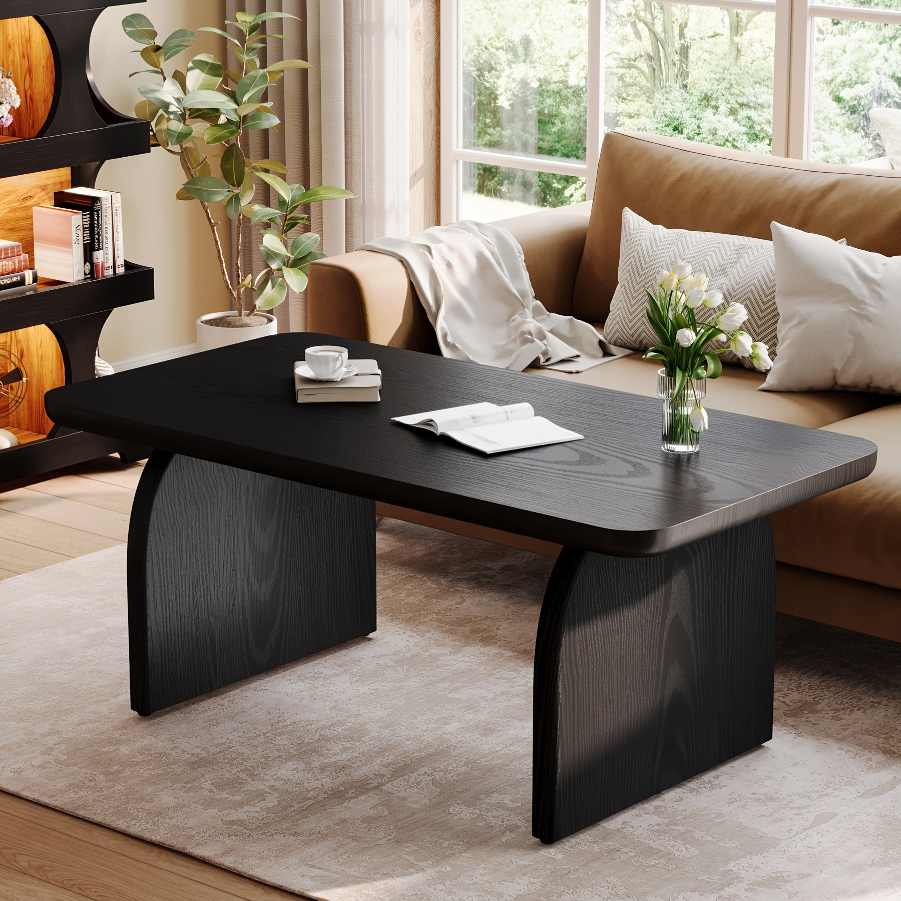 Farmhouse 47-Inch Coffee Table, Vintage Wood Rectangle Living Room Table, Modern Accent Center Table Low Tea Table with Sturdy Base & Rounded Corners, Easy Assembly, Rustic Brown\u002FBlack