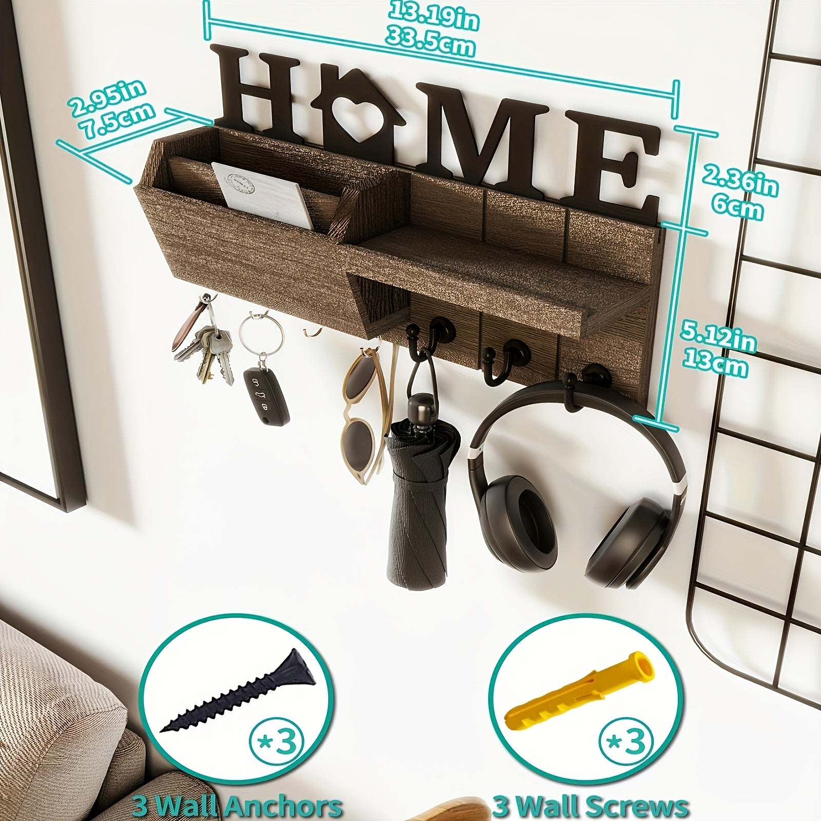 Wooden Key And Letter Rack In Natural Wood Style - Layered Storage Rack With 7 Hooks - Suitable For Living Rooms, Corridors, Small Item Storage Boxes, Home Decoration, Multifunctional Storage Boxes, Wall Storage Racks, Entrances, Corridor Decoration