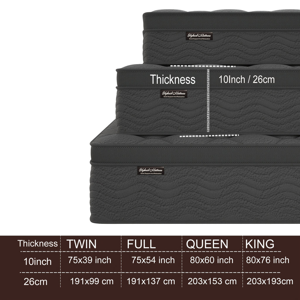 10\u002F12 Inch Mattress Full Queen Size Memory Foam - Ergonomic Design, Medium Firm Hybrid Mattress, Luxurious Comfort With Pocket Springs, Grey Quilted Cover, Colchones Para Cama