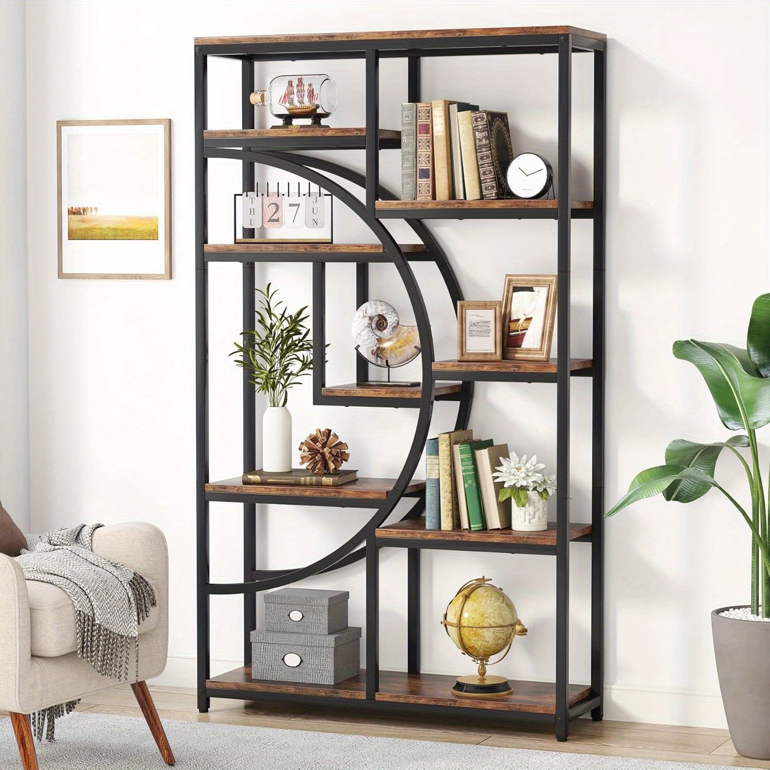 Industrial Bookshelf Tall 5 Tier Industrial Bookshelf - Freestanding Display Shelf Storage Organizer with 9-Open Storage Shelf for Living Room, Bedroom, Standing Shelf