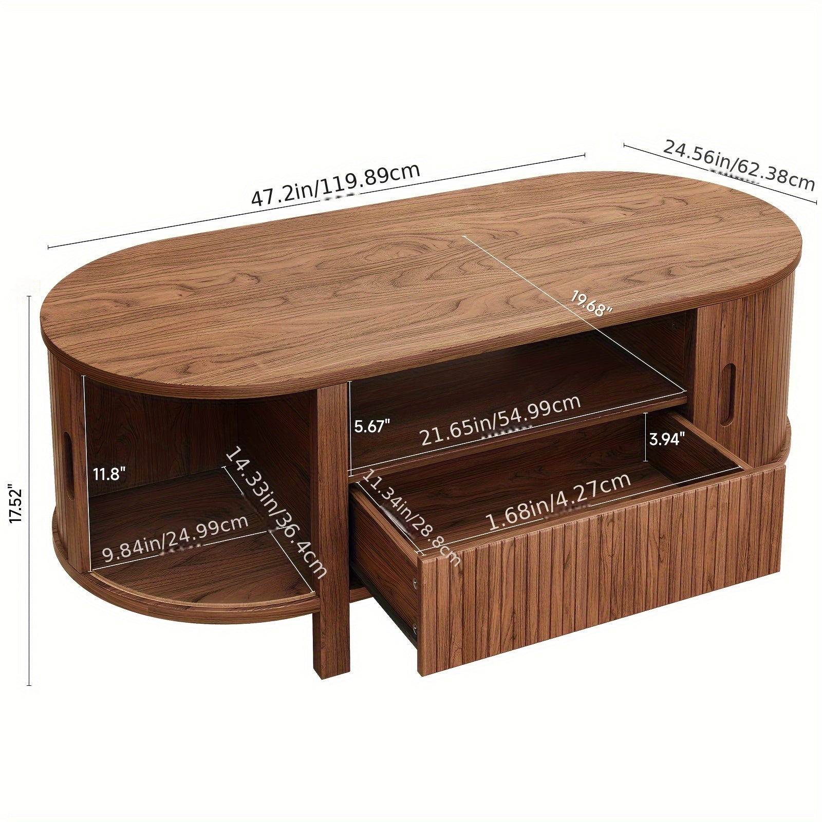 47.2 Inch Oval Coffee Table With Storage, Mid Century Modern Coffee Table With Drawer, Center Tables With Sliding Door And Wood Fluted Handle For Living Room, Walnut\u002FBlackNatural White