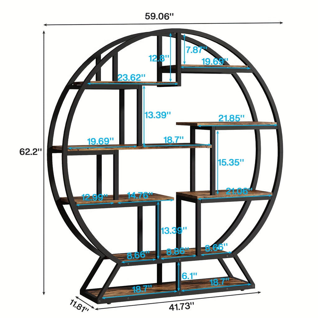 Bookcase Round 8 Tier Bookshelf Open Freestanding Storage Shelf Metal And Wood Plant Stand, Display Stand For Living Room Home Office Entryway Bedroom