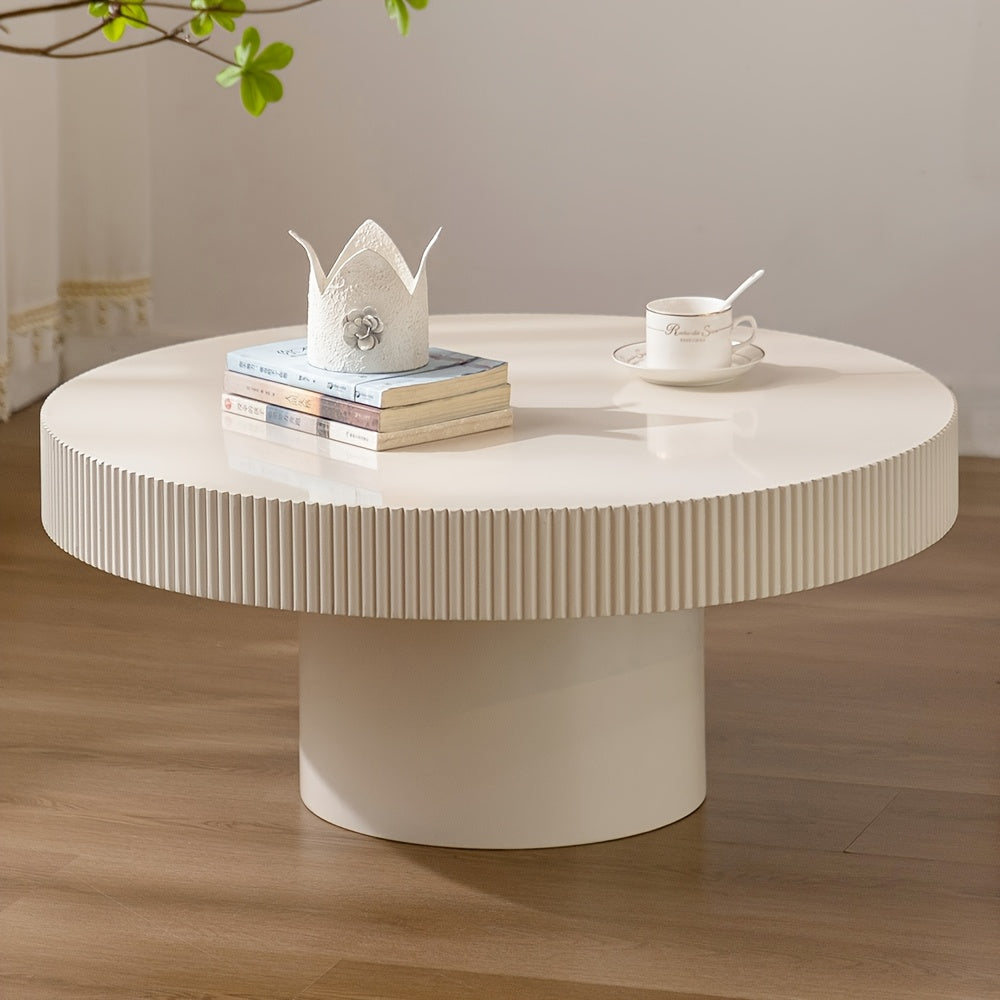 Elegant White Round Drum Coffee Table – Mid-Century Modern Design, Sturdy Circular Pedestal Base with Fluted Edges, Ideal for Living Room or Farmhouse Decor, Farmhouse Coffee Table|Minimalist Design|Sturdy Pedestal Base, Coffee Table for Living Room