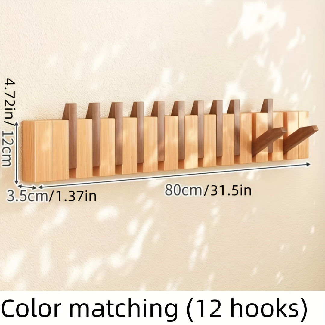 1pc Boho Style Wooden Piano Key Wall Rack, Easy Install Wall Mounted Coat Hook, Folding Hanging Storage Organizer for Bedroom, Entryway, Foyer, Mudroom - Aesthetic Room Decor