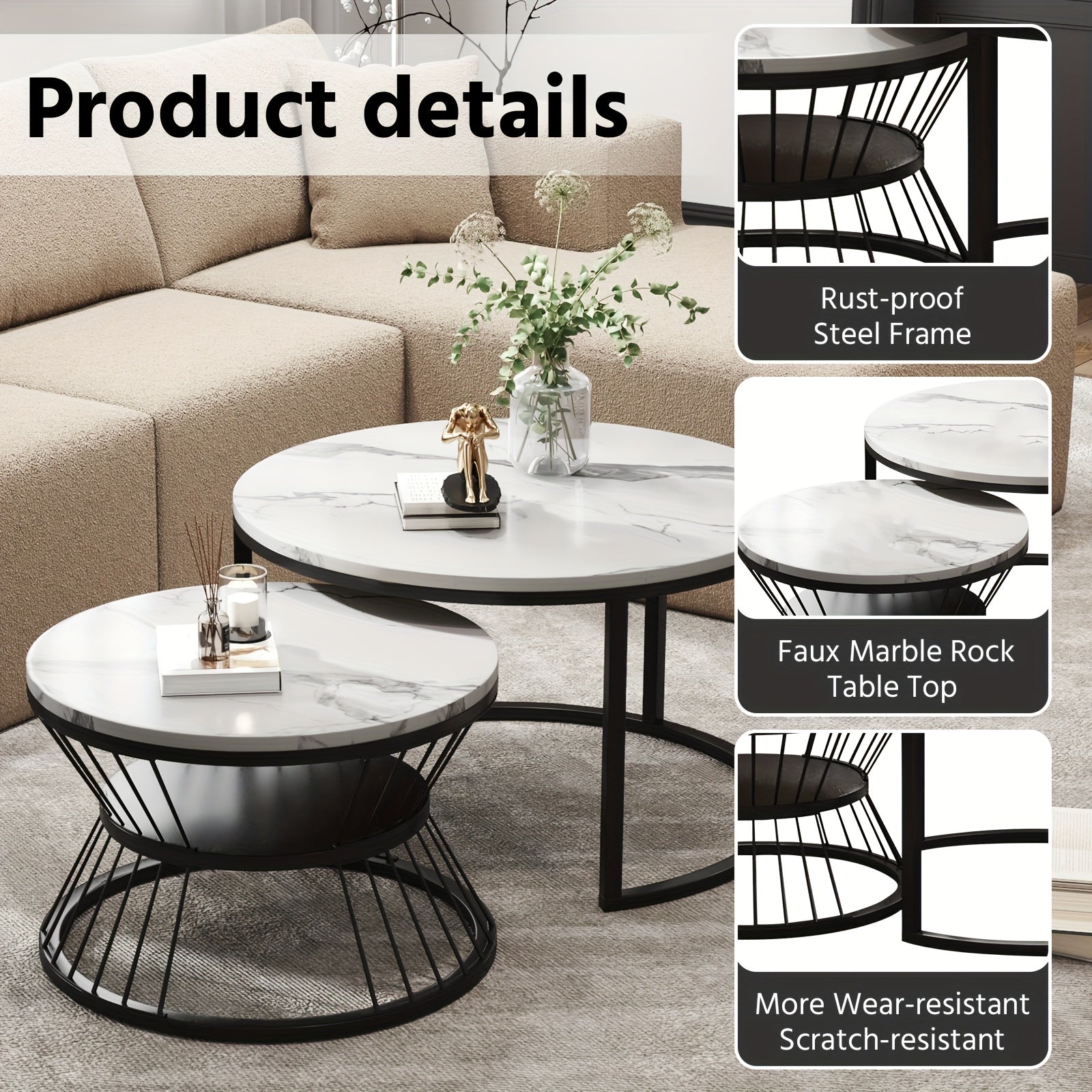 Nesting Coffee Table Black Set of 2, 27.5\