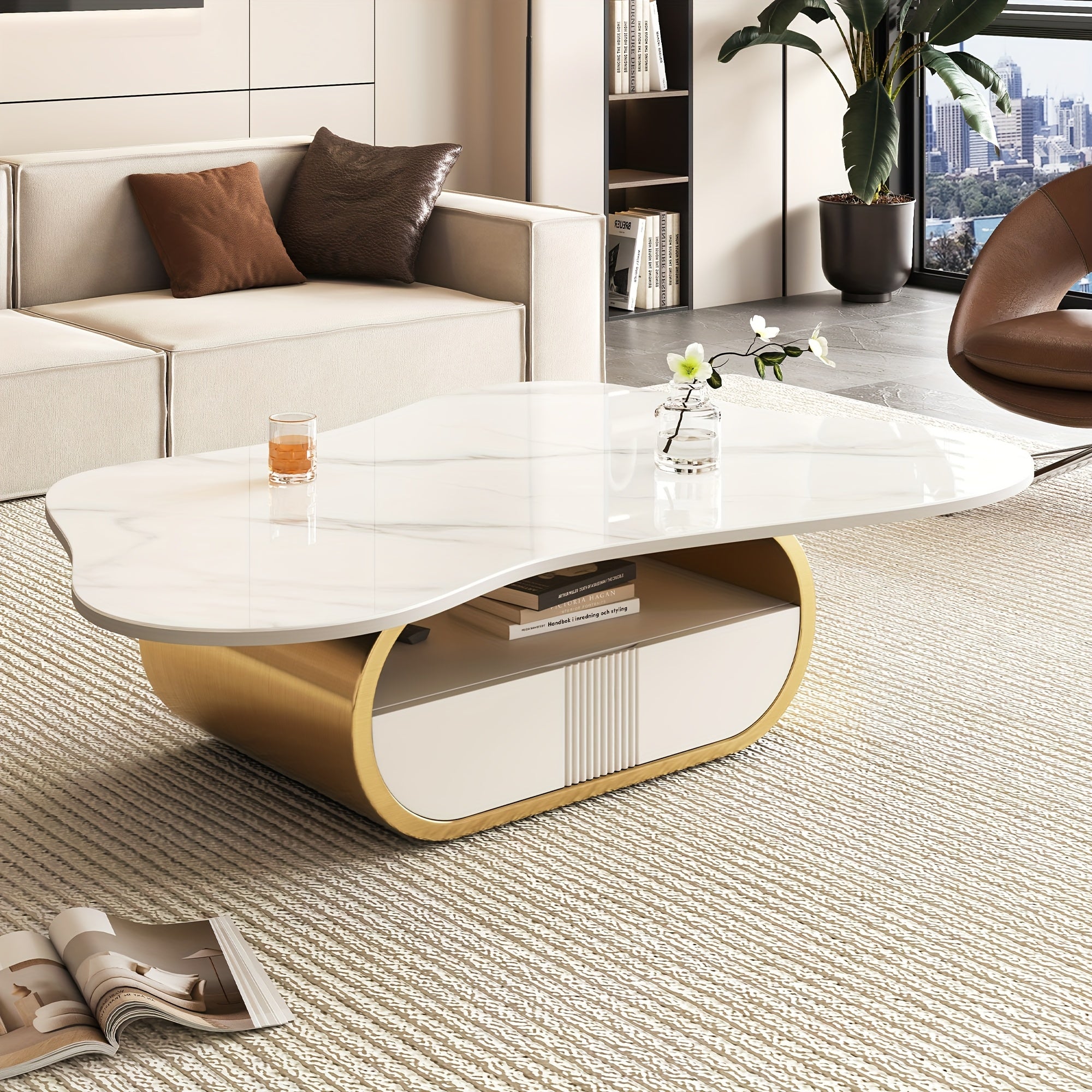 Modern Butterfly Coffee Table with Sintered Stone Top Oval Center Table with Storage Shelf & Drawer, Stainless Steel Base & MDF Cabinet