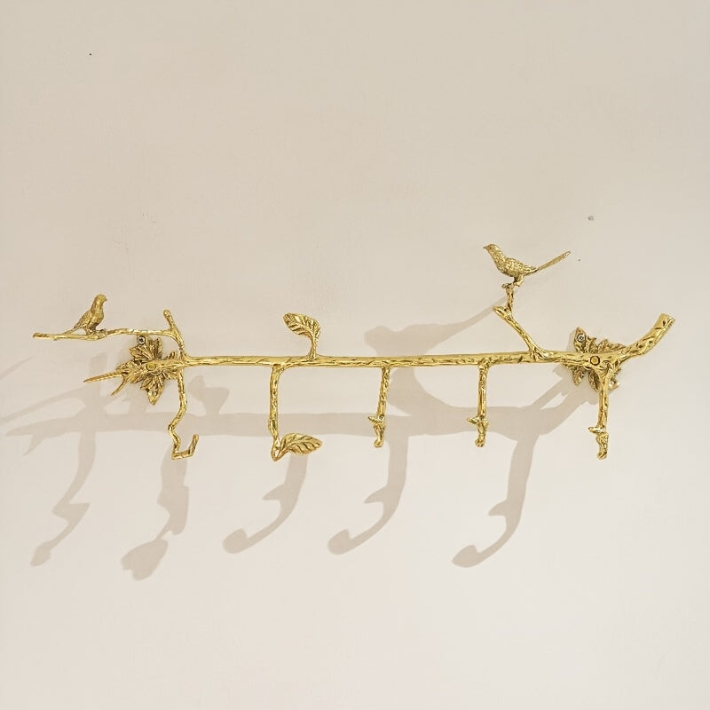 1 brass bird branch decorative hanger, hanging hanger at the entrance of the house, retro home clothes hook decoration, brass clothes hook, suitable for hats, keys, towels, storage room, gold color