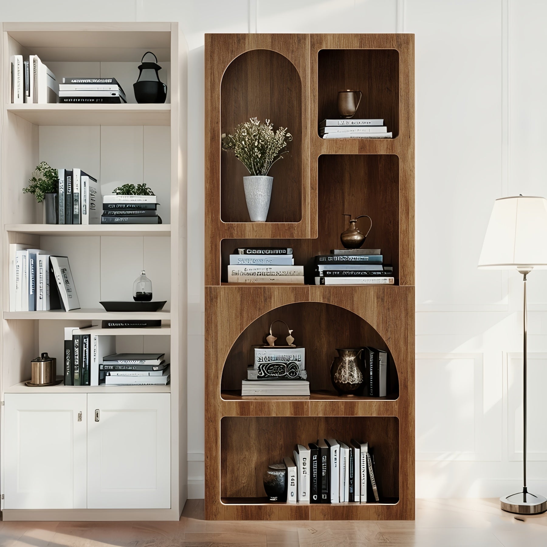 Tall Arched Bookshelf, 5 Tiers Arch Bookcase With Storage, Modern Farmhouse Book Shelf, Wood Bookshelf W\u002FOpen Display Shelves For Living Room, Office