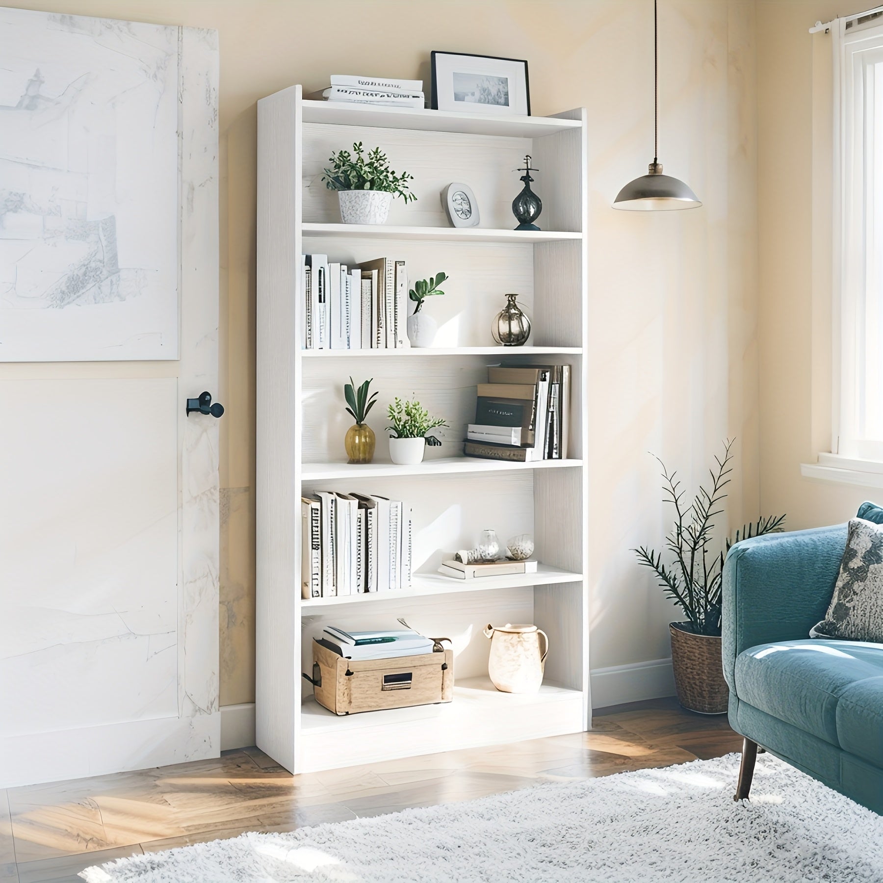 5-Tier White Modern Wooden Storage Display Shelf – Assembled 5-Layer Organizer for Books, Decor, and Artwork, 11.81\