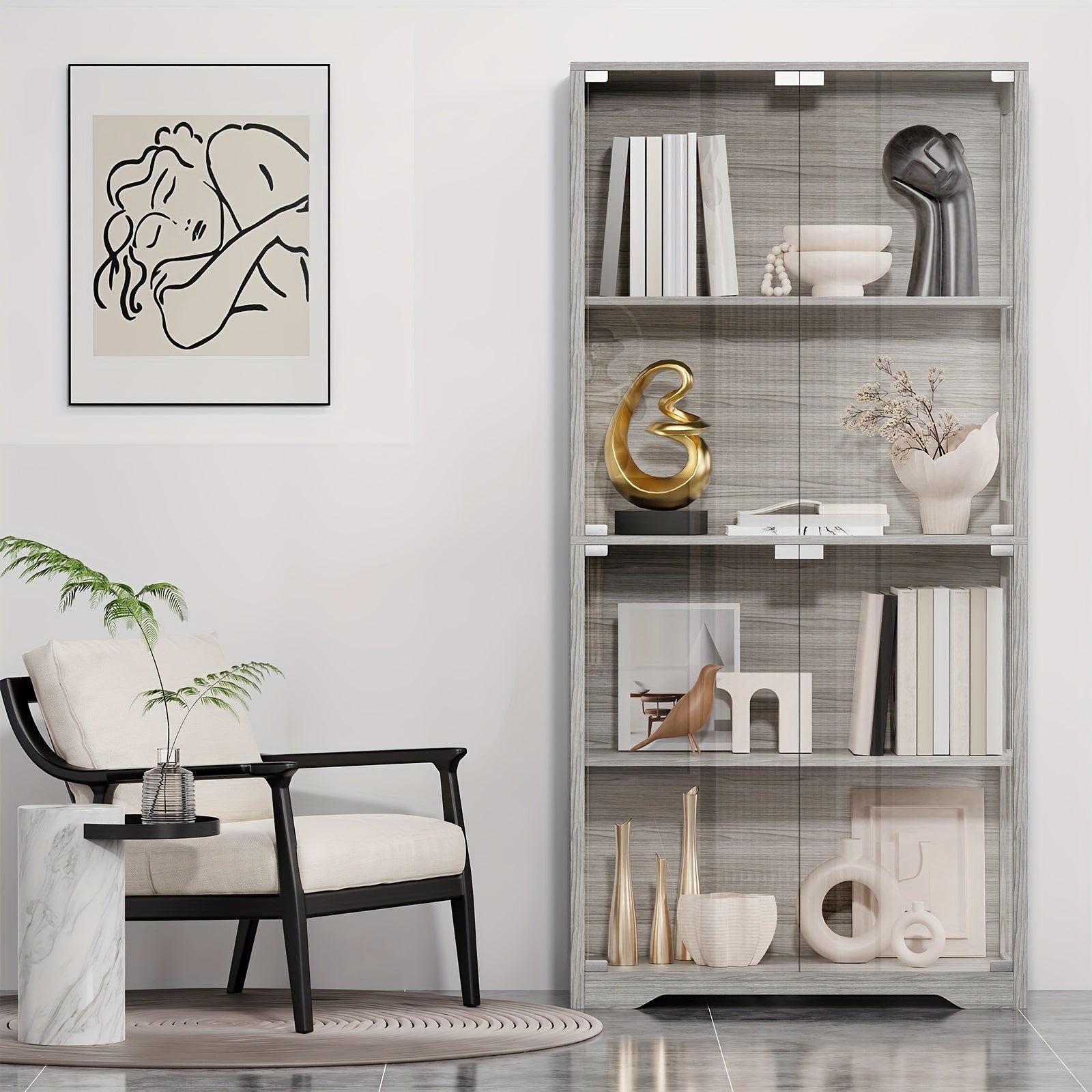 Antique Display Cabinet Antique Display Cabinet with Glass Door, 3-Color Light, 4-Layer Bookshelf - Suitable for Collectors, Game Room, Bedroom, Study