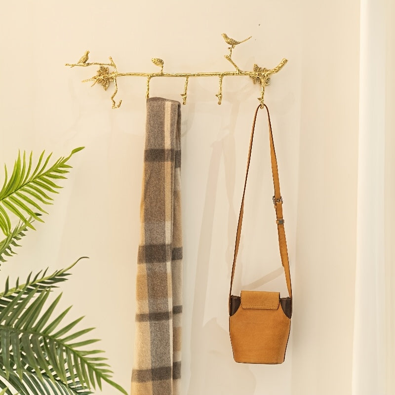 1 brass bird branch decorative hanger, hanging hanger at the entrance of the house, retro home clothes hook decoration, brass clothes hook, suitable for hats, keys, towels, storage room, gold color