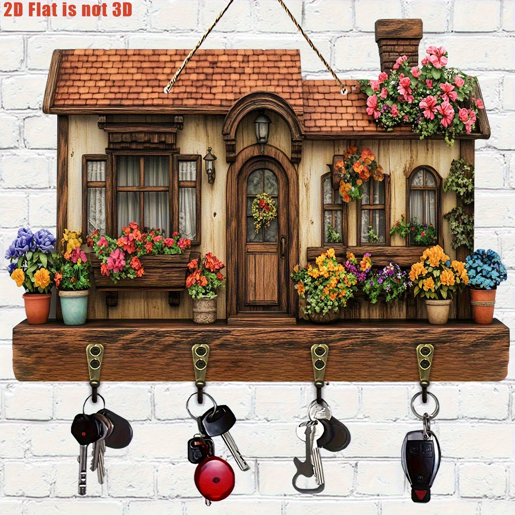 Rustic Pine Wood Flower Cottage Key Holder - Natural Material, 2D Flat Wall-Mounted Entryway Decor with Floral Cutouts & 4 Key Hooks, Cute Home Organization for Keys & Small Items, Decorative Detailing, Wall Mounted Organizer, Apartment Living, 2D Flat