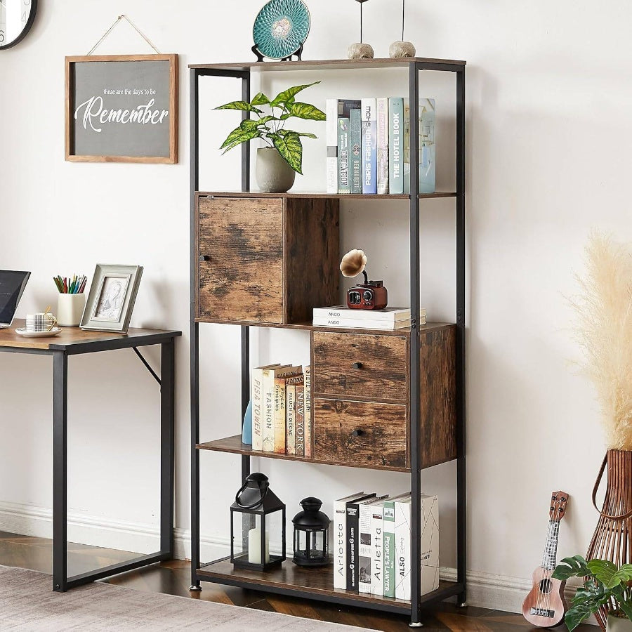 5 - Tier Bookshelf, Bookcase with 2 Storage Drawers and 1 Cabinet, Wooden Shelf with Metal Frame Open Book Shelves Standing Shelf Unit Living Room, Bedroom, Office