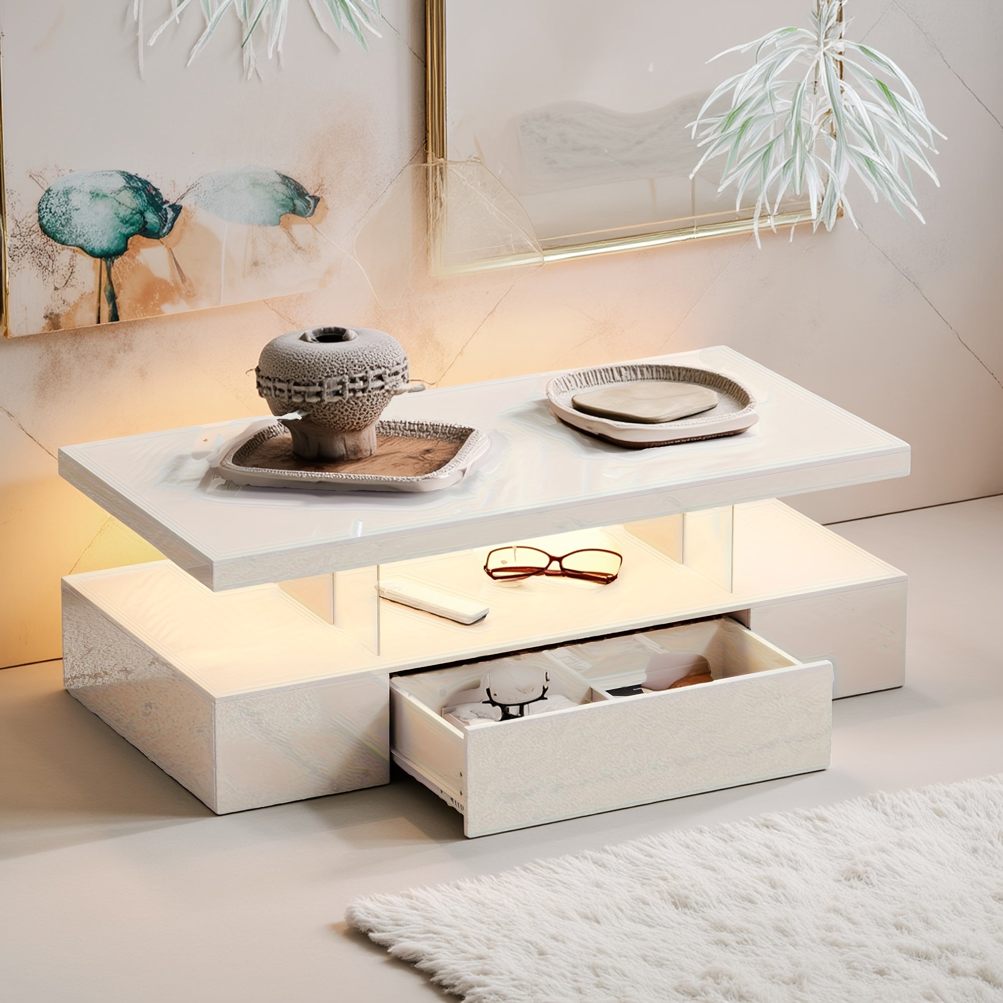 Modern LED Coffee Table With Adjustable Lighting - High-Gloss, Durable Wooden Centerpiece For Living Room & Bedroom, Easy Assembly, Space-Saving Design With Open Storage And Sliding Drawer Coffee Table For Living Room