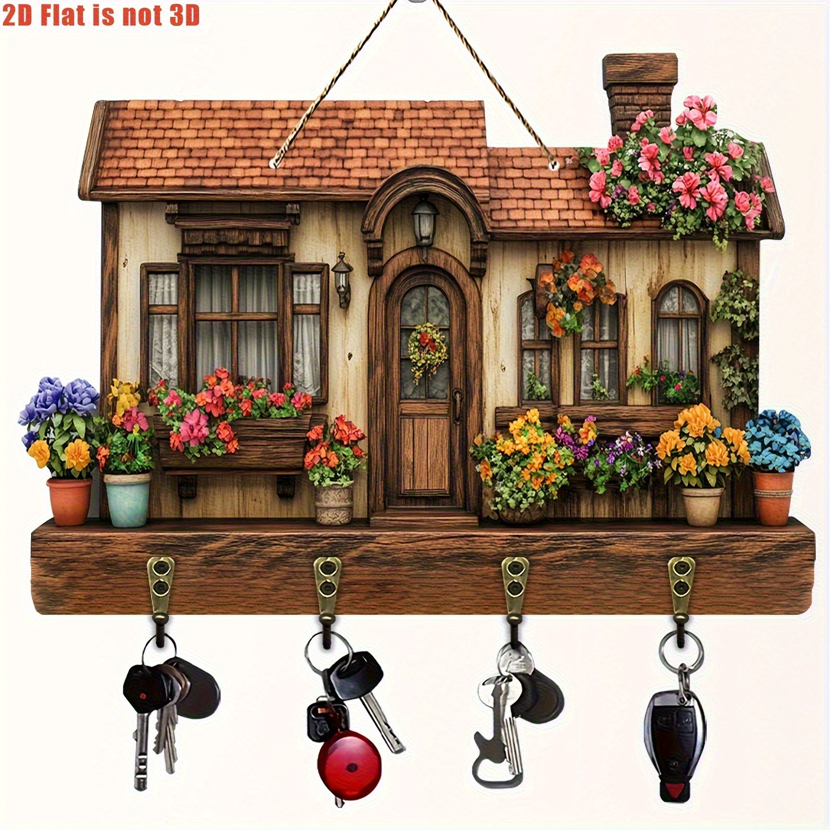 Rustic Pine Wood Flower Cottage Key Holder - Natural Material, 2D Flat Wall-Mounted Entryway Decor with Floral Cutouts & 4 Key Hooks, Cute Home Organization for Keys & Small Items, Decorative Detailing, Wall Mounted Organizer, Apartment Living, 2D Flat