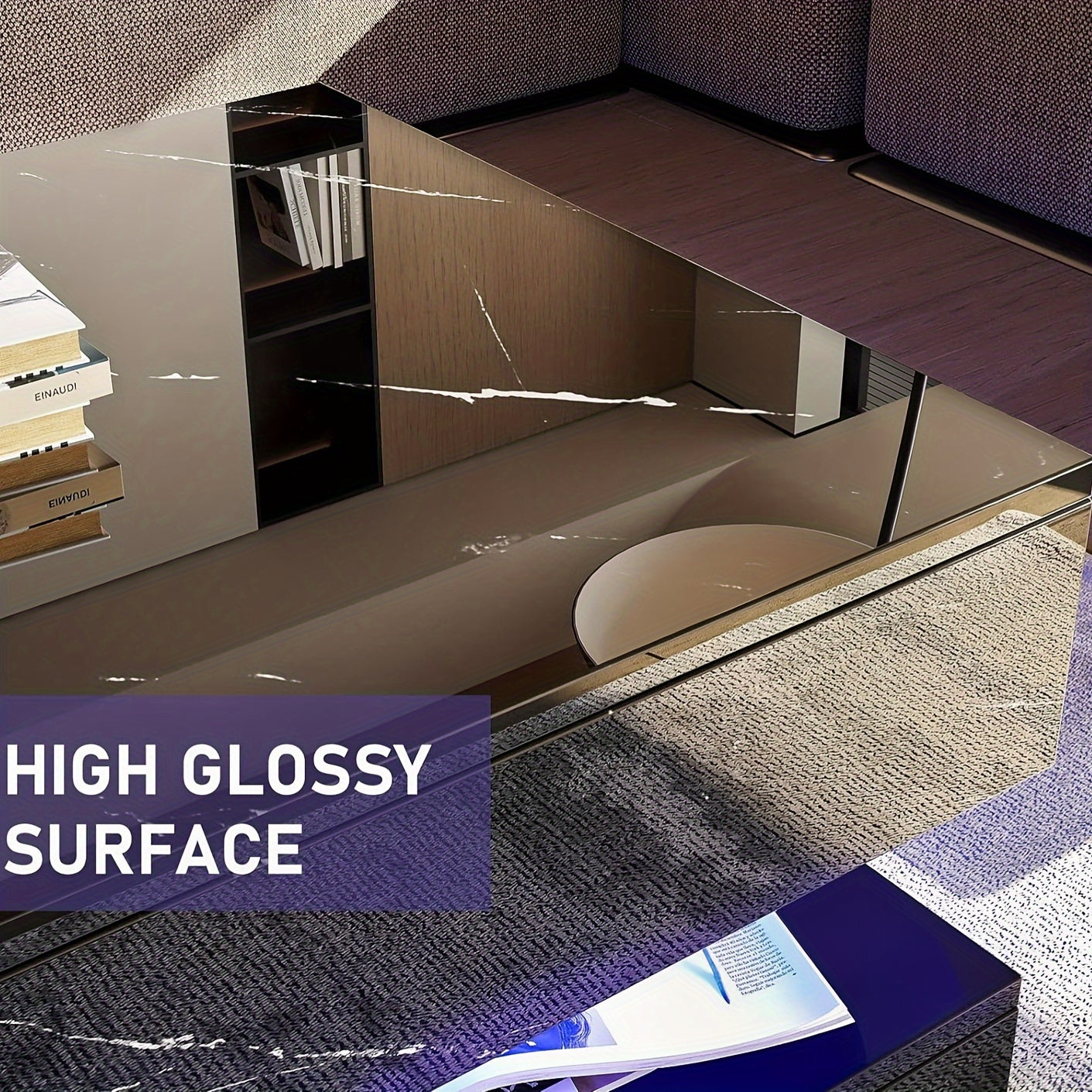 White LED Coffee Table with 2 Storage Drawers, Modern High Gloss Coffee Table w\u002F20 Colors LED Lights, 2 Tiers Rectangle Center Table for Living Room with Marbling Print, APP Control, Black