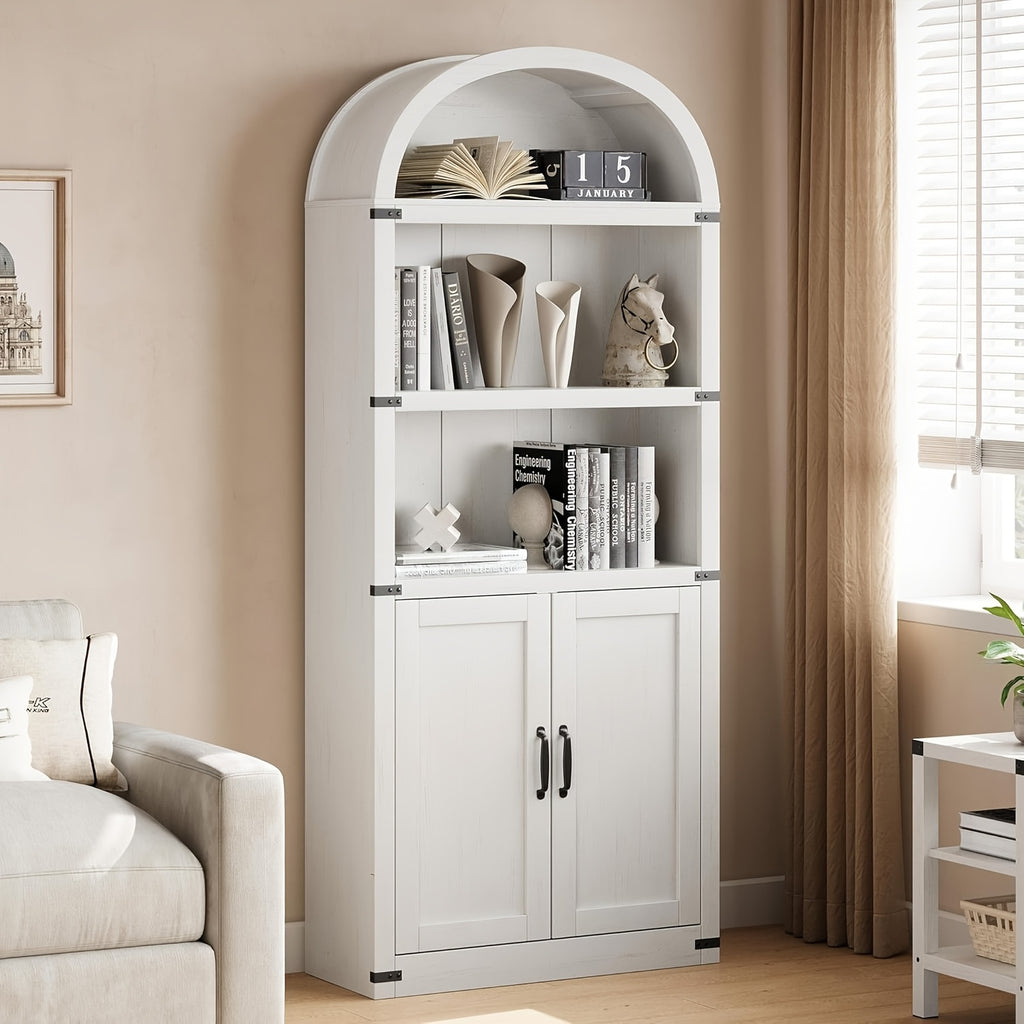 Farmhouse Cabinet with Shelves Bookcase with Doors Arched Bookshelf 71.65 Inch High Bookcase for Home Office, Living Room