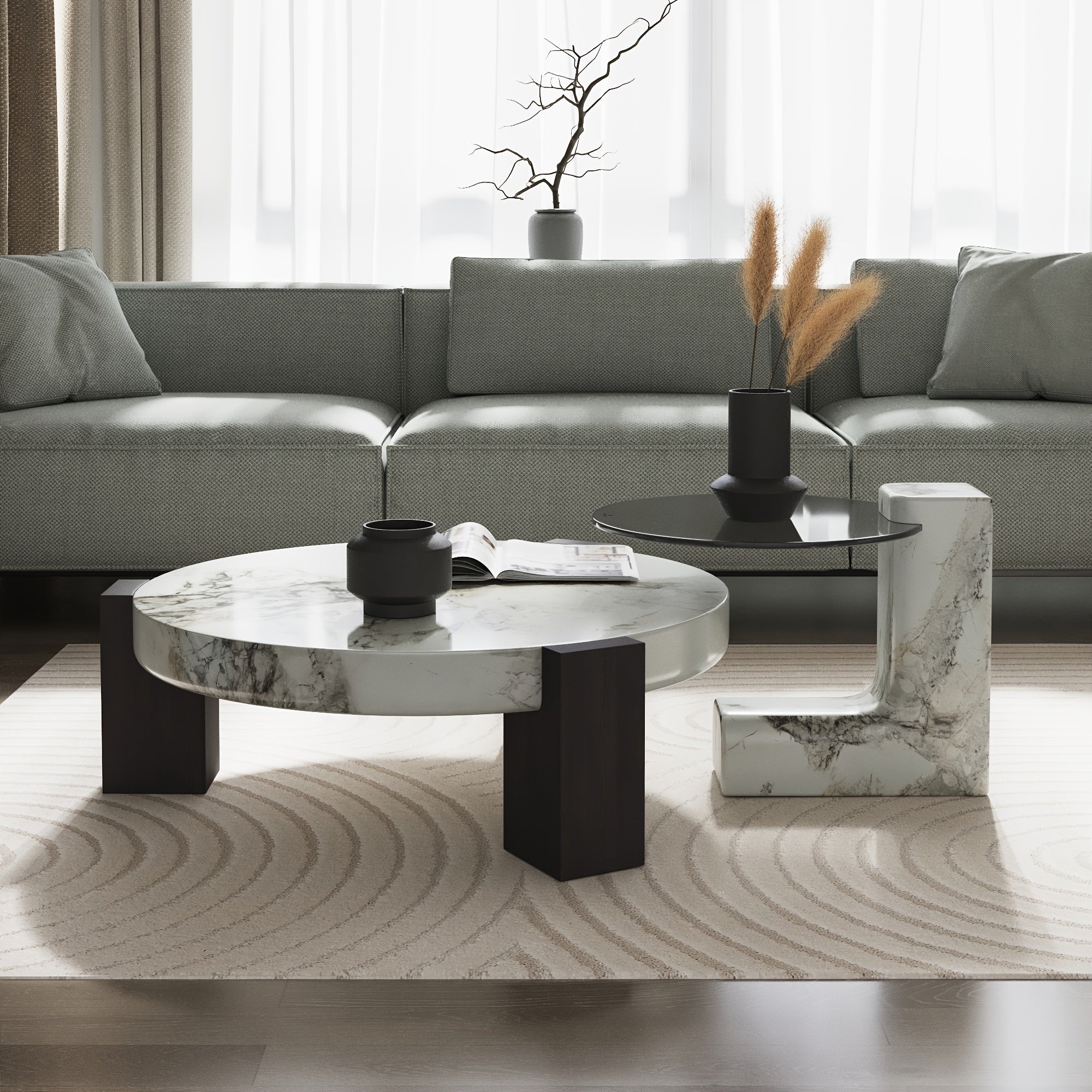 Modern Round Nesting Coffee Tables Set Of 2, Round Coffee Table For Living Room, Coffee Tables With Faux Marble Texture Surface And C-Shaped Side Table, Nesting Coffee Tables For Living Room, Apartment, Bedroom