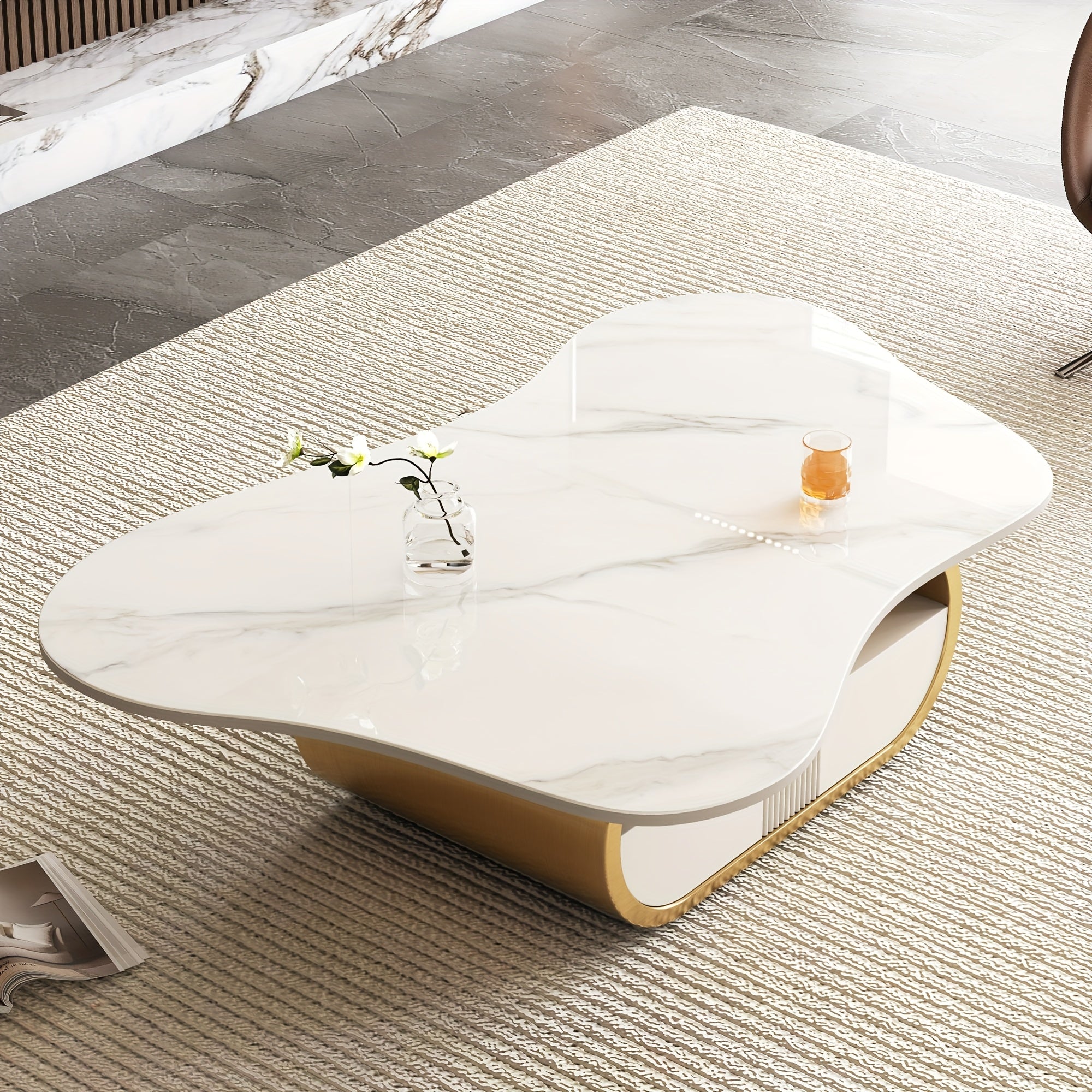 Modern Butterfly Coffee Table with Sintered Stone Top Oval Center Table with Storage Shelf & Drawer, Stainless Steel Base & MDF Cabinet