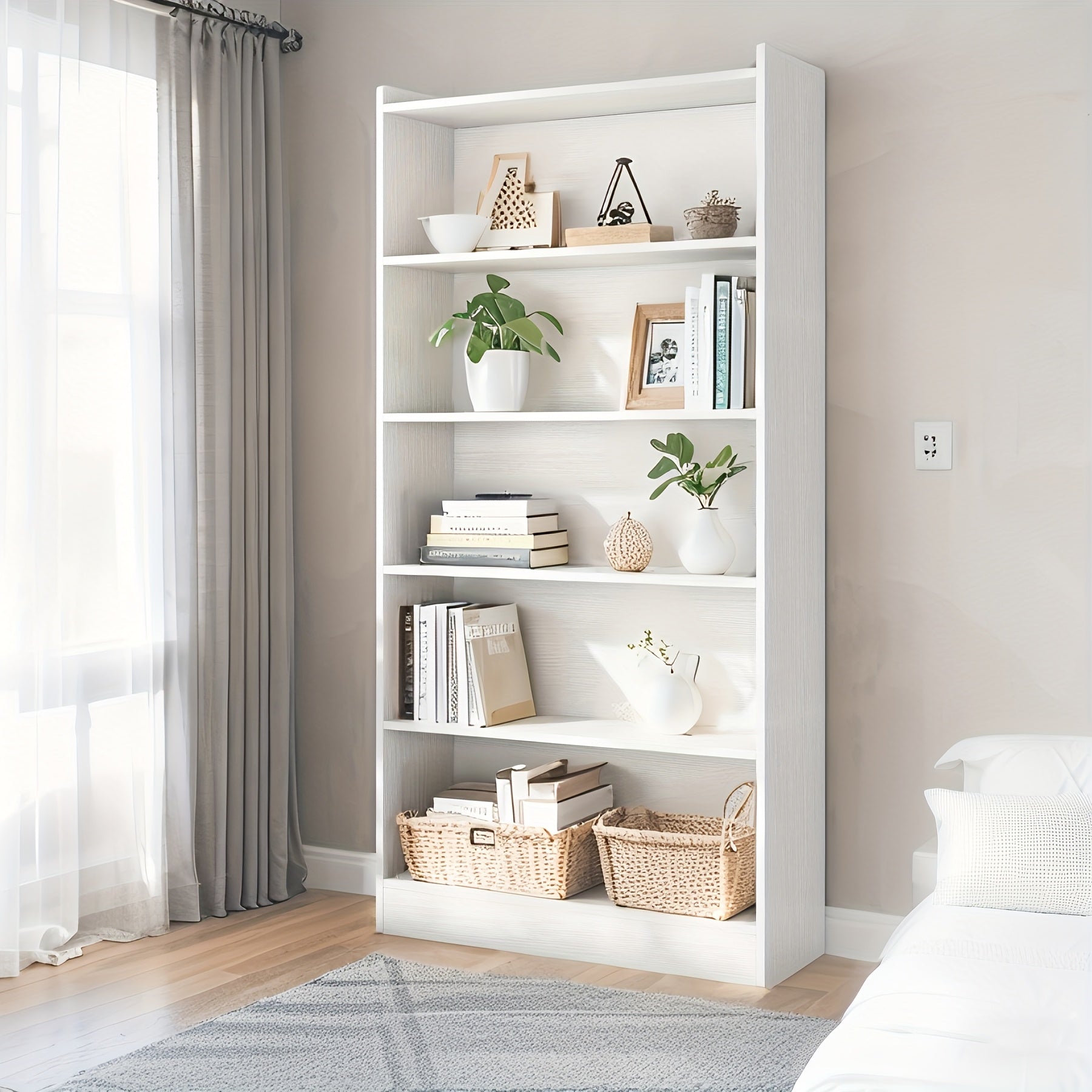 5-Tier White Modern Wooden Storage Display Shelf – Assembled 5-Layer Organizer for Books, Decor, and Artwork, 11.81\