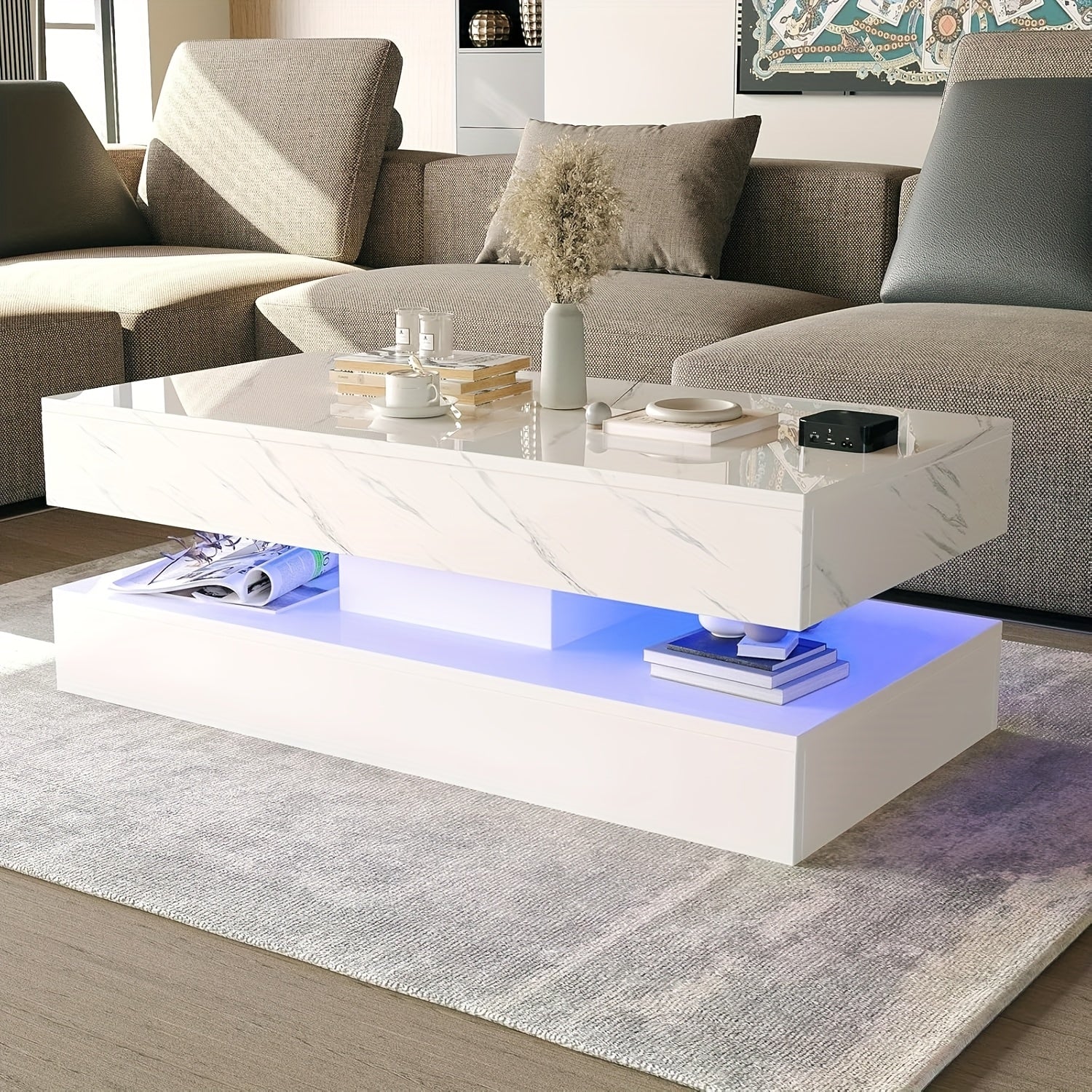 White LED Coffee Table with 2 Storage Drawers, Modern High Gloss Coffee Table w\u002F20 Colors LED Lights, 2 Tiers Rectangle Center Table for Living Room with Marbling Print, APP Control, Black