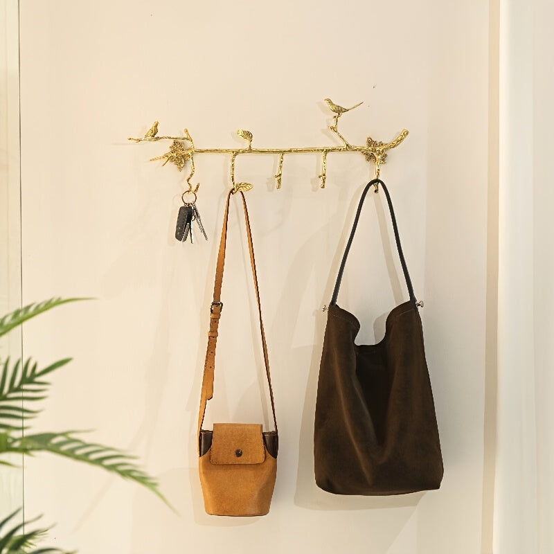 1 brass bird branch decorative hanger, hanging hanger at the entrance of the house, retro home clothes hook decoration, brass clothes hook, suitable for hats, keys, towels, storage room, gold color