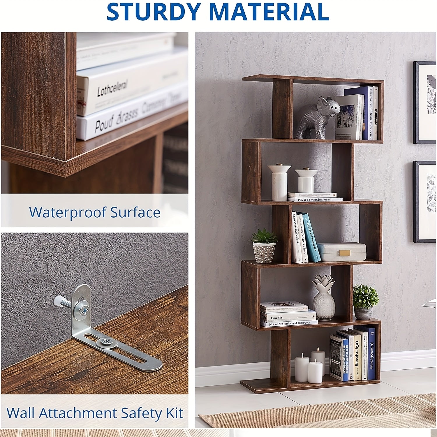 Aurorome 5-Tier Wooden Geometric S-Shaped Bookcase, Set Of 2 Storage Rack with Open Shelves, Shelving for Plant Album, Trinket Display, Spacious Storage Display Shelf - 62.5\