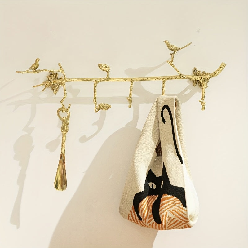 1 brass bird branch decorative hanger, hanging hanger at the entrance of the house, retro home clothes hook decoration, brass clothes hook, suitable for hats, keys, towels, storage room, gold color