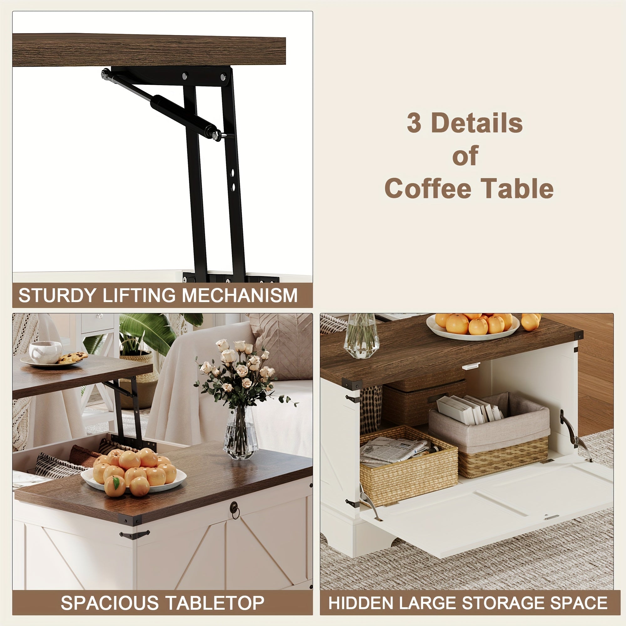 Versatile Farmhouse Lift Top Coffee Table - Square Wooden Centerpiece with Spacious Storage, Easy-Lift Hydraulic Mechanism, Perfect for Living Room & Bedroom Decor, Country Cocktail, Hidden Storage Compartment, Multi-Function Convertible