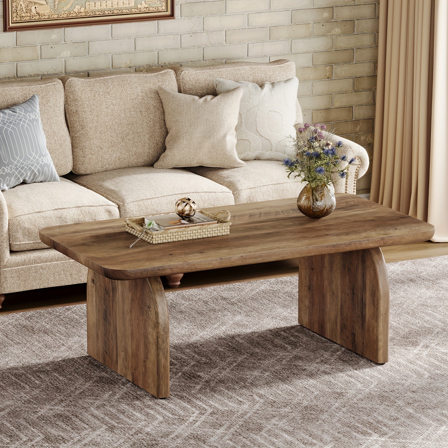Farmhouse 47-Inch Coffee Table, Vintage Wood Rectangle Living Room Table, Modern Accent Center Table Low Tea Table with Sturdy Base & Rounded Corners, Easy Assembly, Rustic Brown\u002FBlack