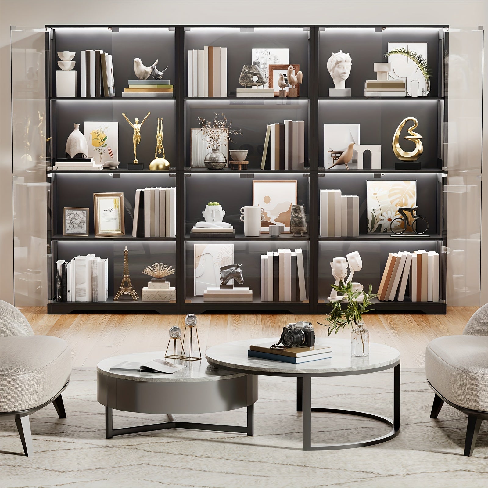 Antique Display Cabinet Antique Display Cabinet with Glass Door, 3-Color Light, 4-Layer Bookshelf - Suitable for Collectors, Game Room, Bedroom, Study