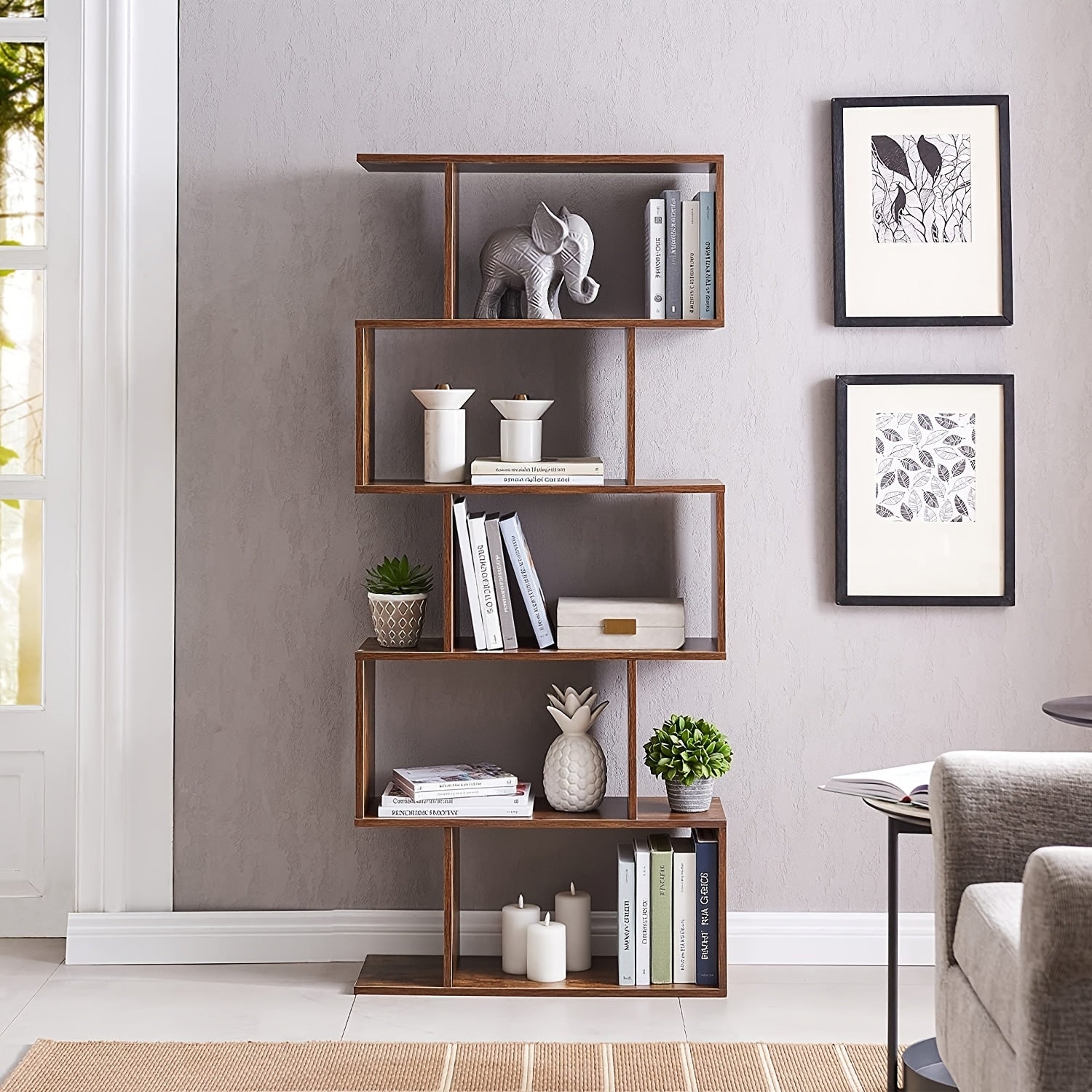 Aurorome 5-Tier Wooden Geometric S-Shaped Bookcase, Set Of 2 Storage Rack with Open Shelves, Shelving for Plant Album, Trinket Display, Spacious Storage Display Shelf - 62.5\