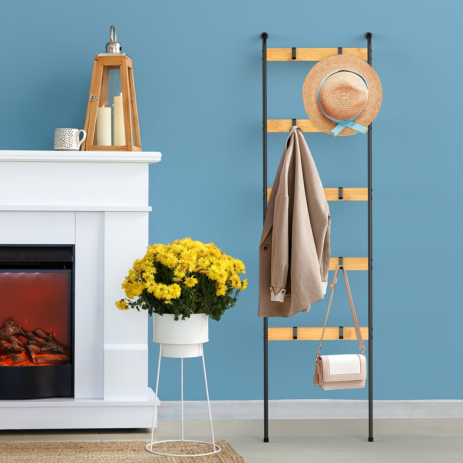 Blanket Ladder, 5 Tier Blanket Holder with 10 Removable Hooks, Farmhouse Style Blanket Ladder for Living Room Bathroom, Decorative Wall Mounted Wooden Quilt Standing Towel Drying Storage Rack