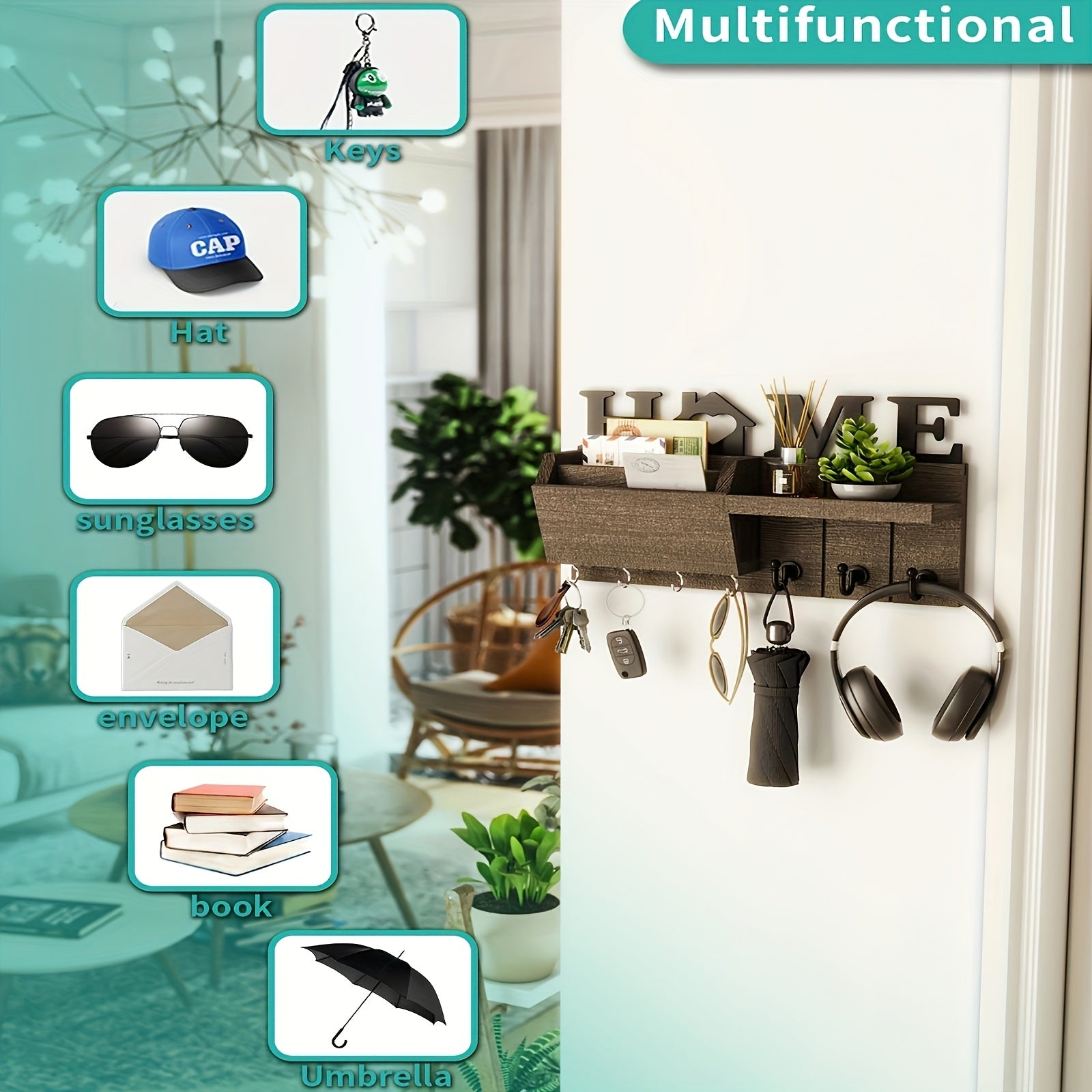 Wooden Key And Letter Rack In Natural Wood Style - Layered Storage Rack With 7 Hooks - Suitable For Living Rooms, Corridors, Small Item Storage Boxes, Home Decoration, Multifunctional Storage Boxes, Wall Storage Racks, Entrances, Corridor Decoration