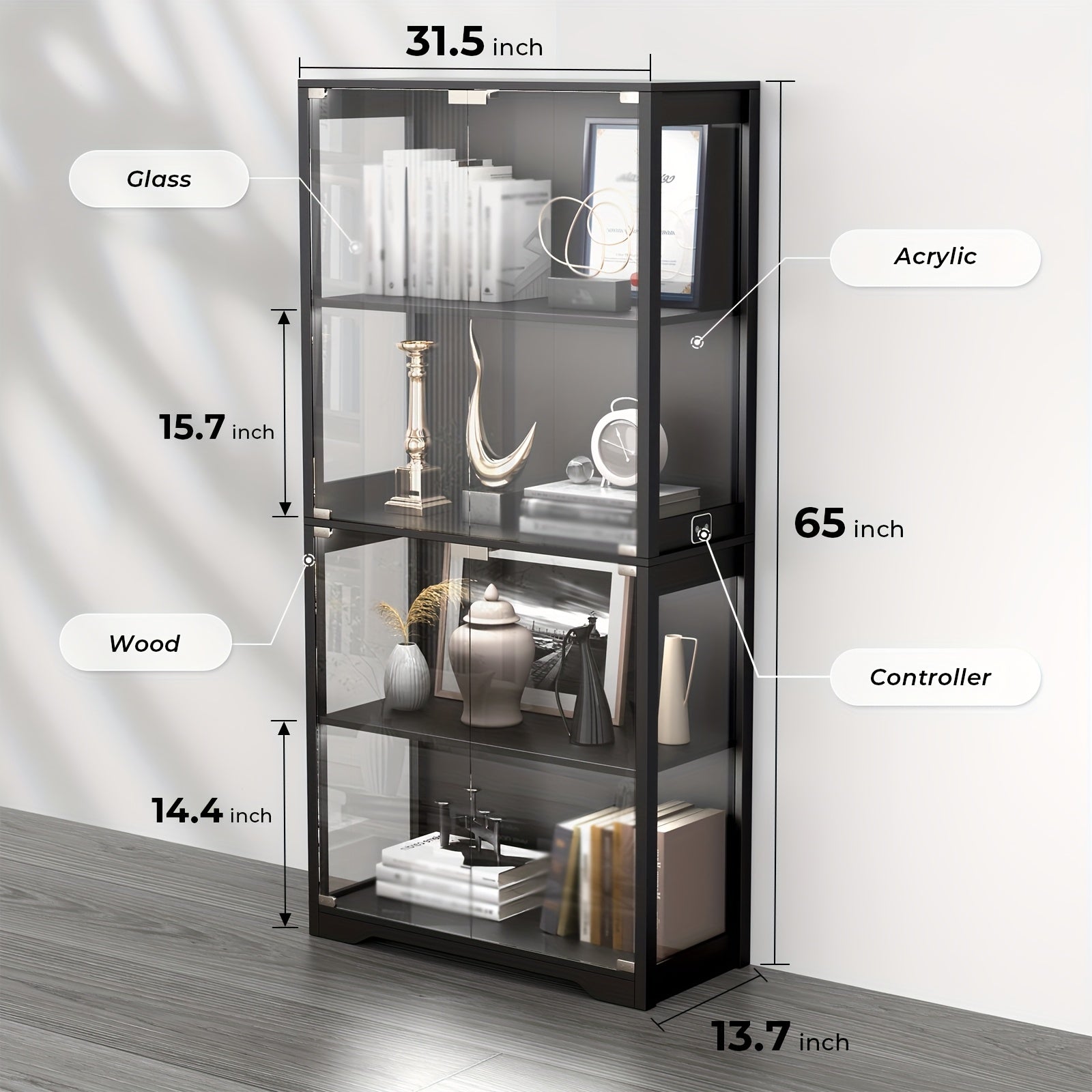 Antique Display Cabinet Antique Display Cabinet with Glass Door, 3-Color Light, 4-Layer Bookshelf - Suitable for Collectors, Game Room, Bedroom, Study