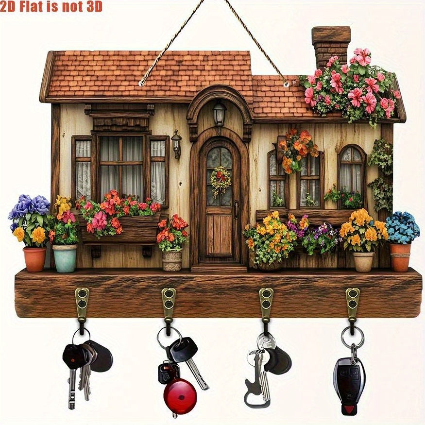 Rustic Pine Wood Flower Cottage Key Holder - Natural Material, 2D Flat Wall-Mounted Entryway Decor with Floral Cutouts & 4 Key Hooks, Cute Home Organization for Keys & Small Items, Decorative Detailing, Wall Mounted Organizer, Apartment Living, 2D Flat