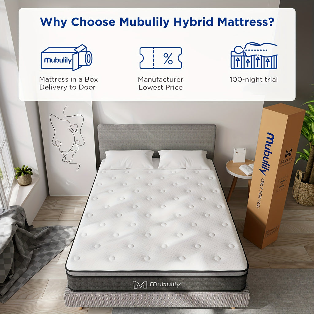 MUBULILY Hybrid Mattress in a Box with Memory Foam & Pocket Coils - Medium Firm, Motion Isolation, Hypoallergenic Polyester Cover, Knitted Design, No Power Needed, Easy Setup for Bedroom Furniture, Bedroom Furniture, Modern Bedroom, Durable Construction