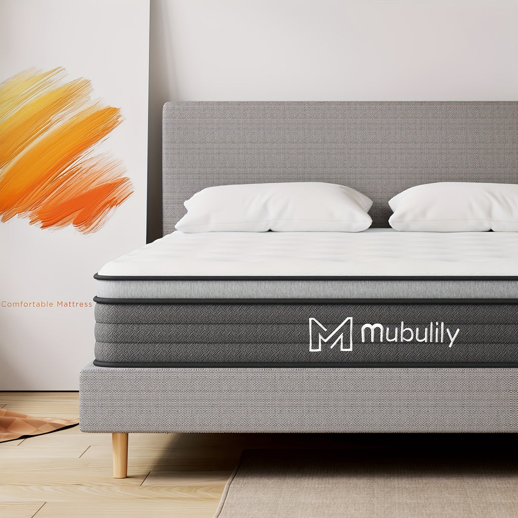 MUBULILY Hybrid Mattress in a Box with Memory Foam & Pocket Coils - Medium Firm, Motion Isolation, Hypoallergenic Polyester Cover, Knitted Design, No Power Needed, Easy Setup for Bedroom Furniture, Bedroom Furniture, Modern Bedroom, Durable Construction