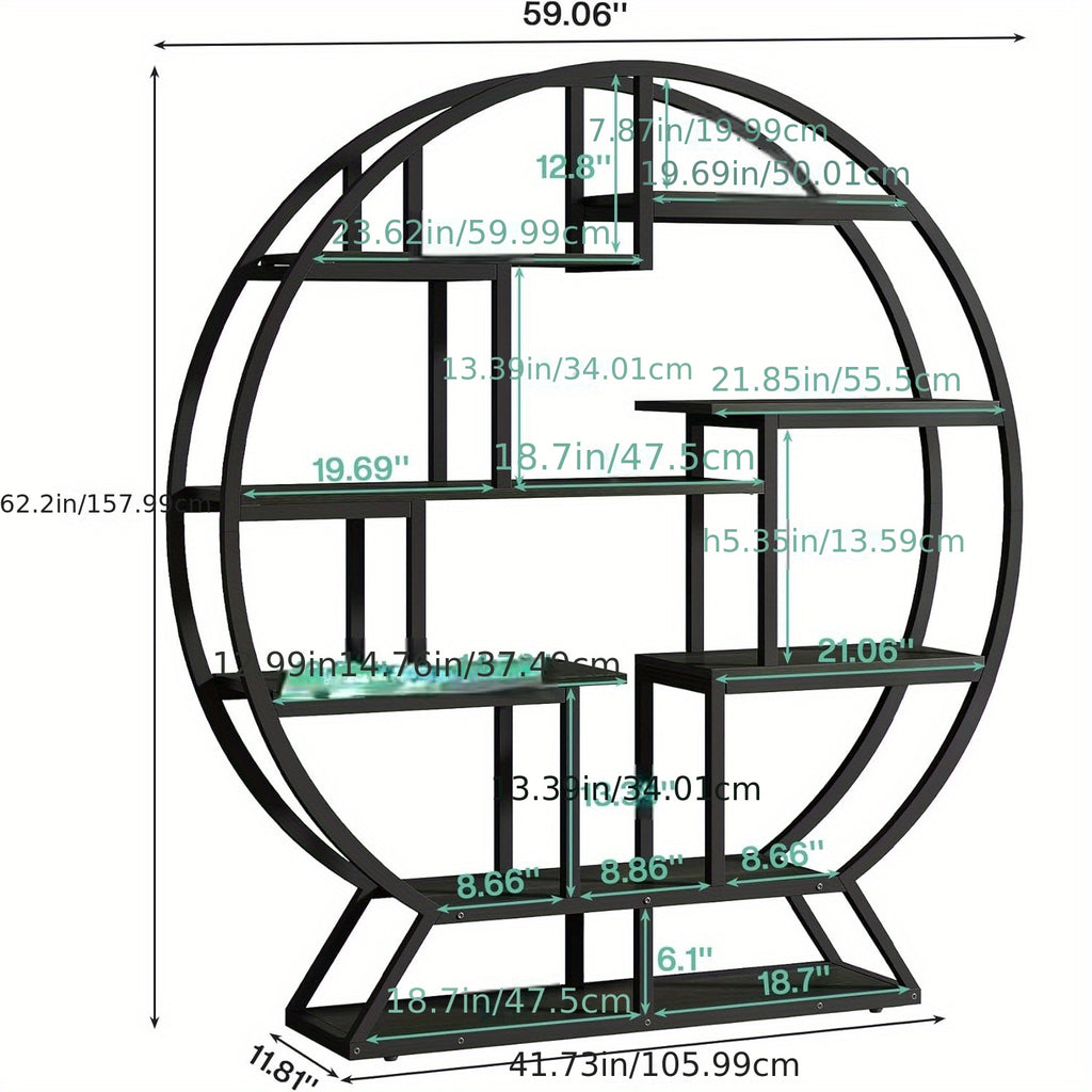 63-inch Industrial Wood Round Bookshelf, Rustic Open Shelving Organizer for Home Office, Living Room, Black