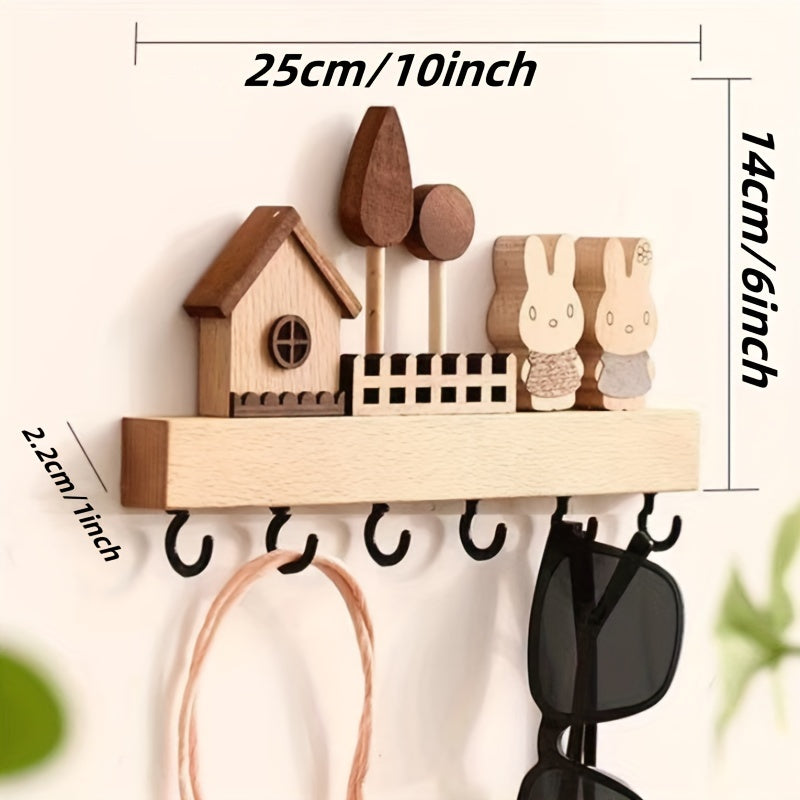 1pcs solid wood rabbit hook, solid wood key hook shelving, hanging key storage coat and hat hook