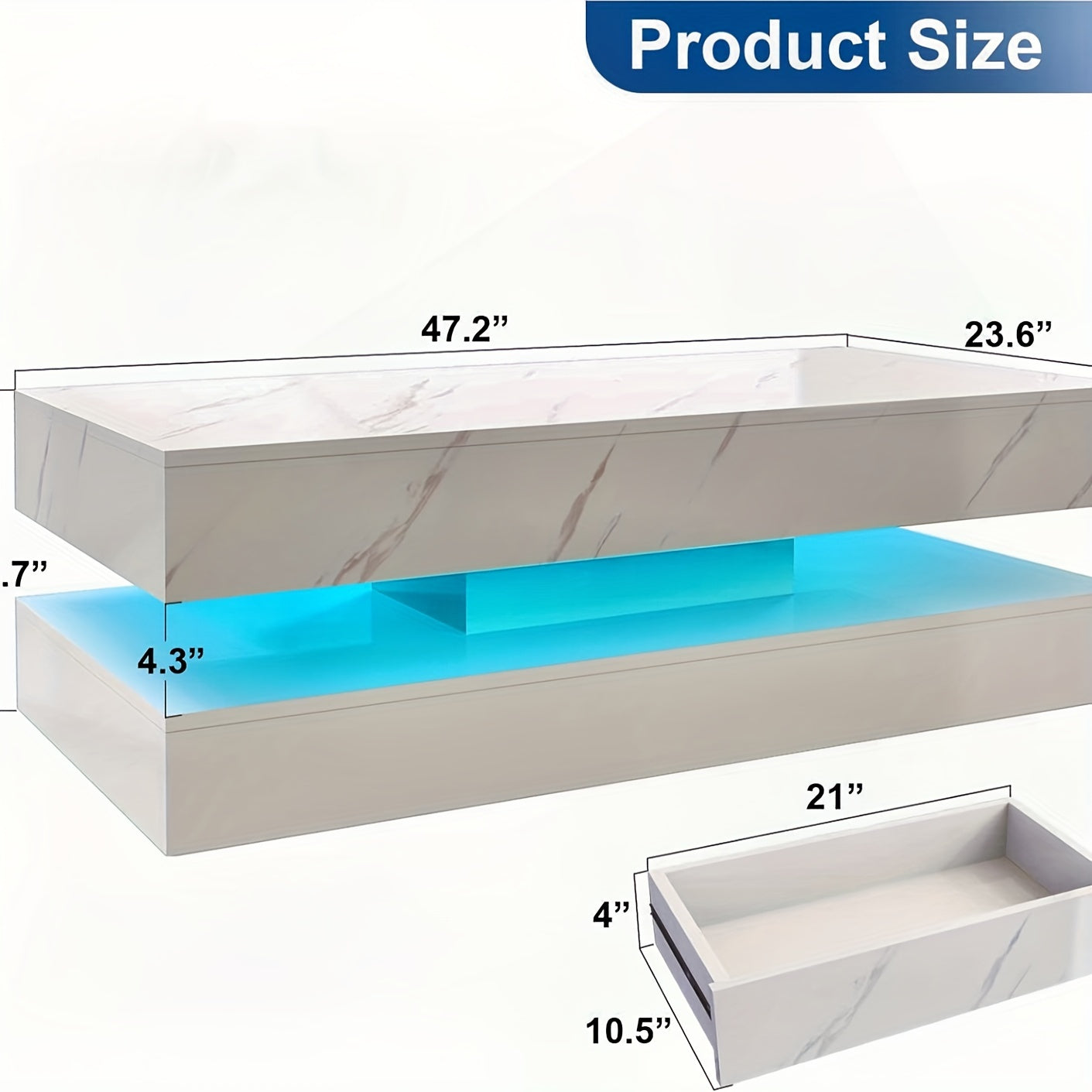 White LED Coffee Table with 2 Storage Drawers, Modern High Gloss Coffee Table w\u002F20 Colors LED Lights, 2 Tiers Rectangle Center Table for Living Room with Marbling Print, APP Control, Black