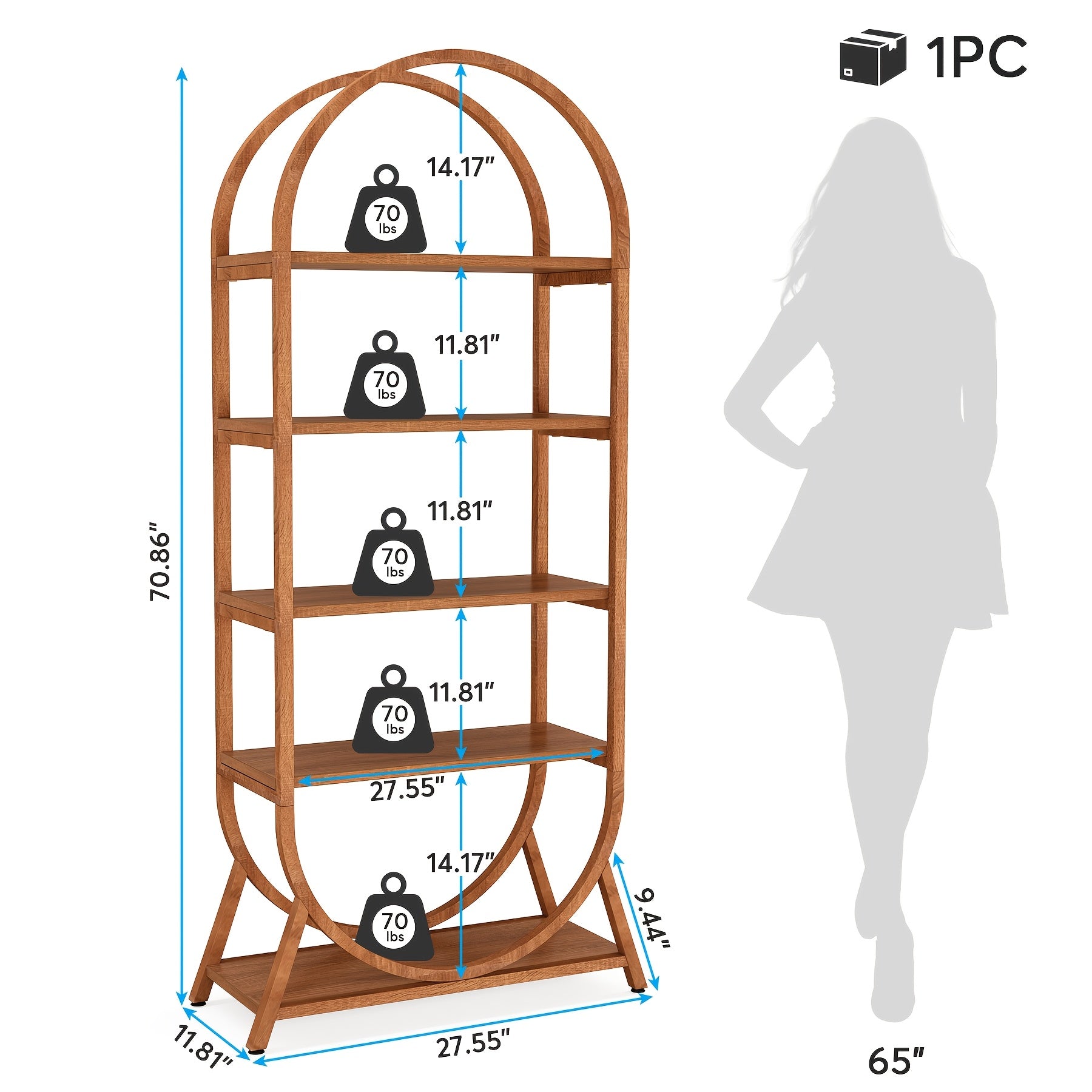 Modern 5-Tier Arched Bookcase - 70.8\