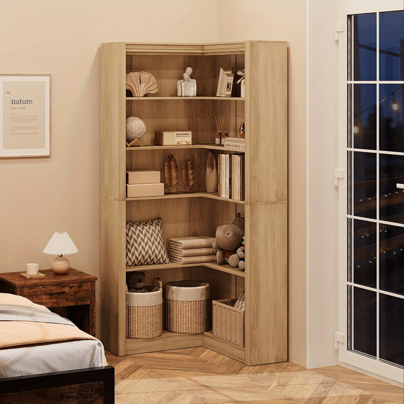 Cabihome 71. 8-inch Corner Panel Bookcase Bookshelf, 5-layer Freestanding Display Rack with Open Storage Space, Easy to Assemble, Suitable for Living Room, Bedroom, Office (Original Wood\u002F Black\u002F Vintage Color)