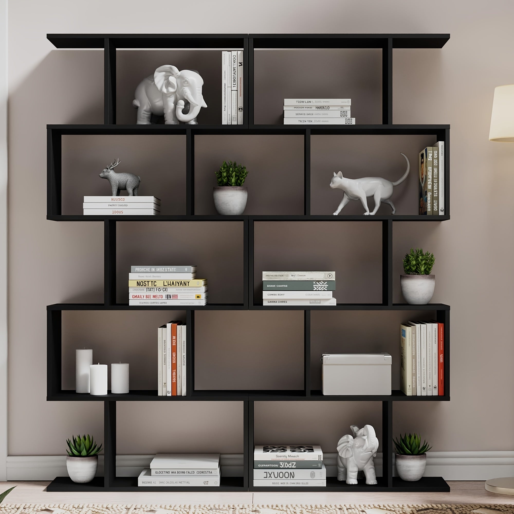 Aurorome 5-Tier Wooden Geometric S-Shaped Bookcase, Set Of 2 Storage Rack with Open Shelves, Shelving for Plant Album, Trinket Display, Spacious Storage Display Shelf - 62.5\