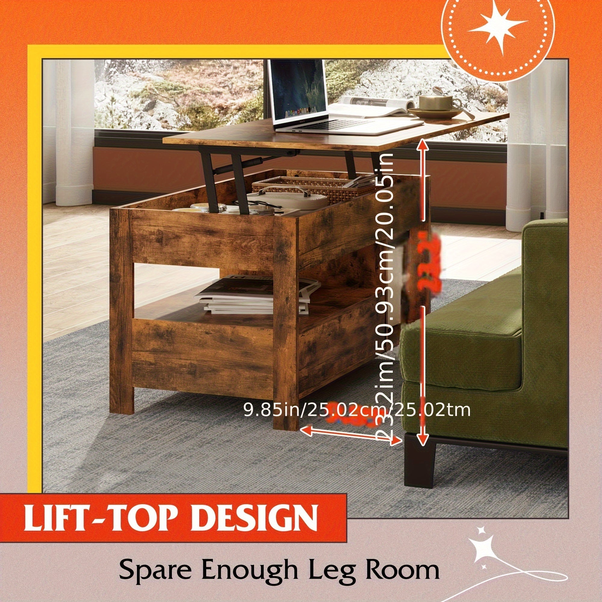 Lift Top Coffee Table for Living Room, Coffee Table with Storage, Hidden Compartment And Metal Frame, Central Table for Reception Room