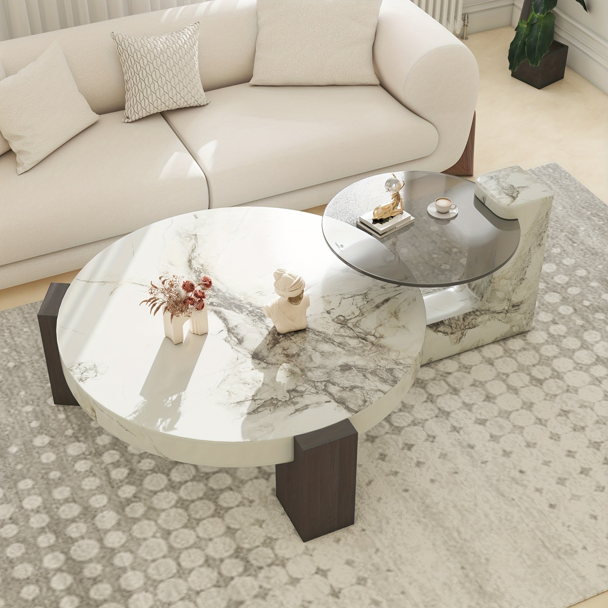 Modern Round Nesting Coffee Tables Set Of 2, Round Coffee Table For Living Room, Coffee Tables With Faux Marble Texture Surface And C-Shaped Side Table, Nesting Coffee Tables For Living Room, Apartment, Bedroom