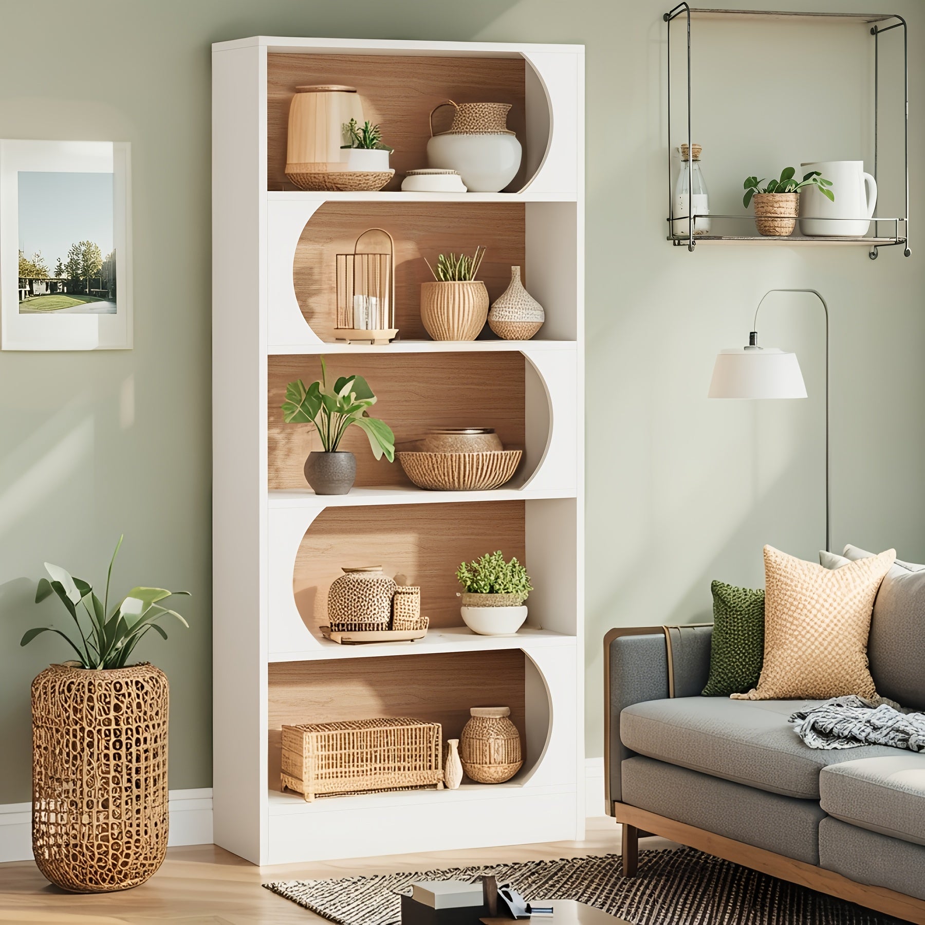 5 Tier Bookcase, Farmhouse Book Shelf with Storage, 70.87\