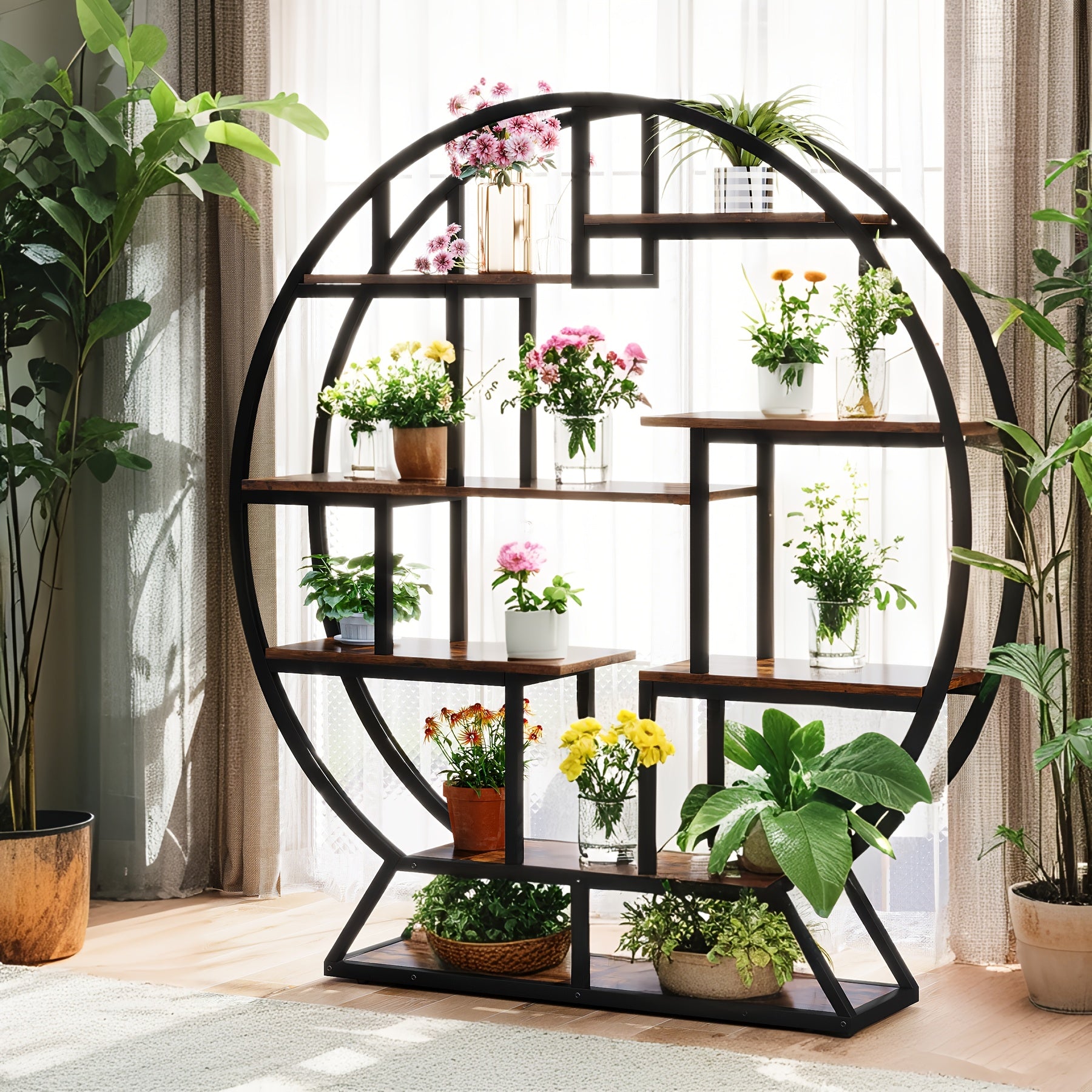 63-inch Industrial Wood Round Bookshelf, Rustic Open Shelving Organizer for Home Office, Living Room, Black