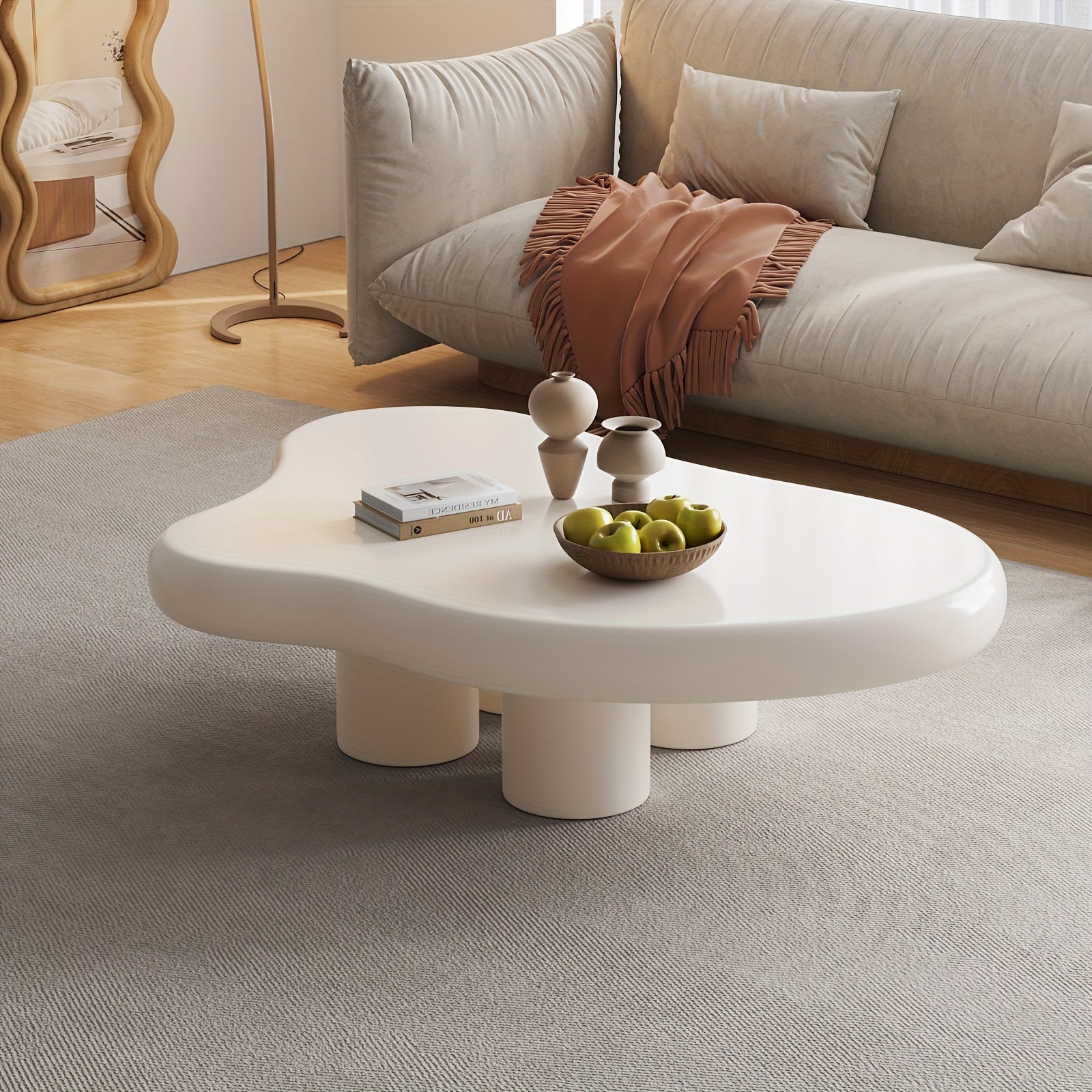 Modern White Cloud Tea Table - Unique Irregular Shape, 4-Leg Design for Living Room or Coffee Area, 35.82 Inches, Minimalist Style with Rounded Edges and Sleek Finish APPLE